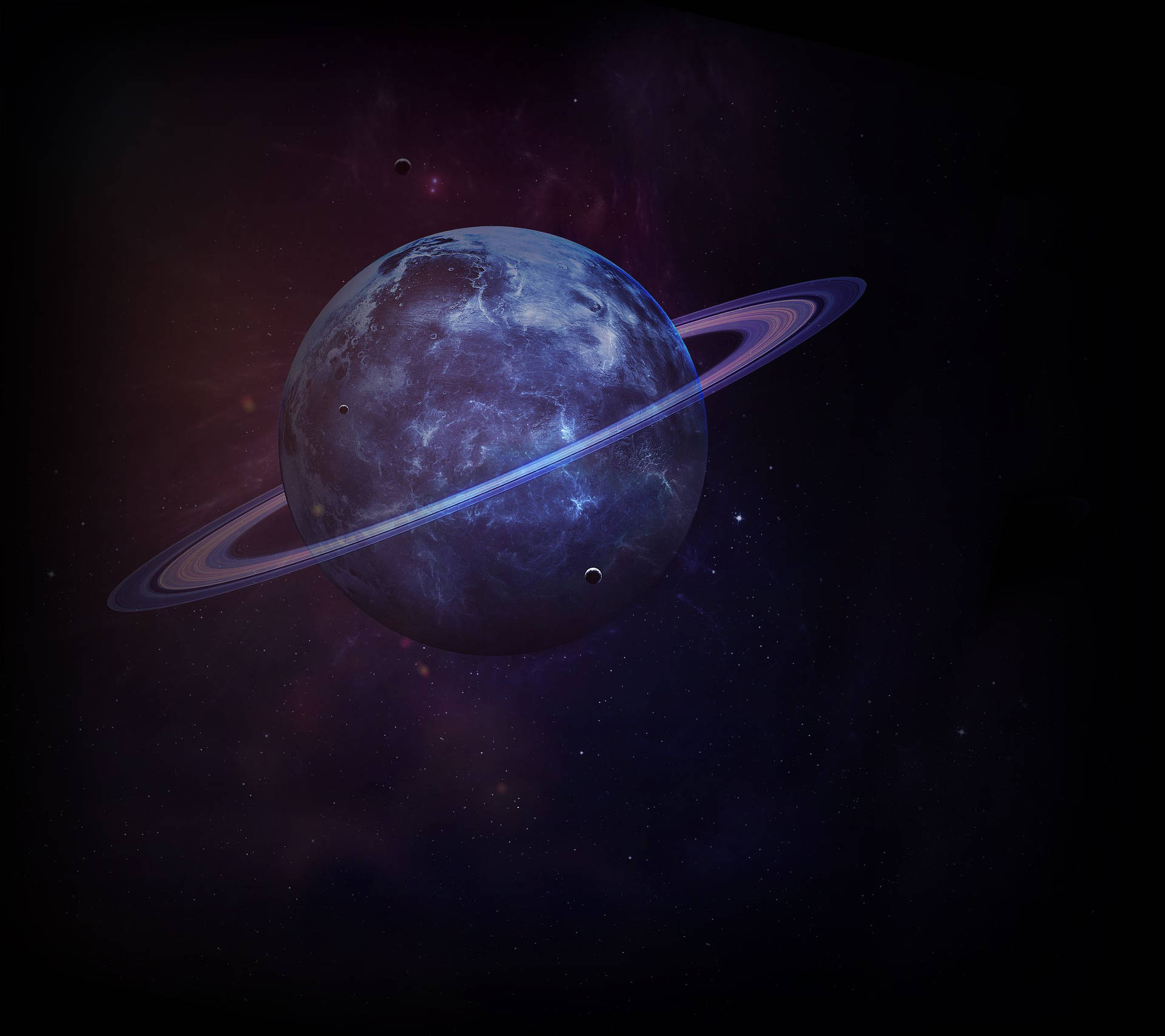 彩色星雲中帶環的藍色行星，有遙遠的衛星和星星 — 土星 壁紙