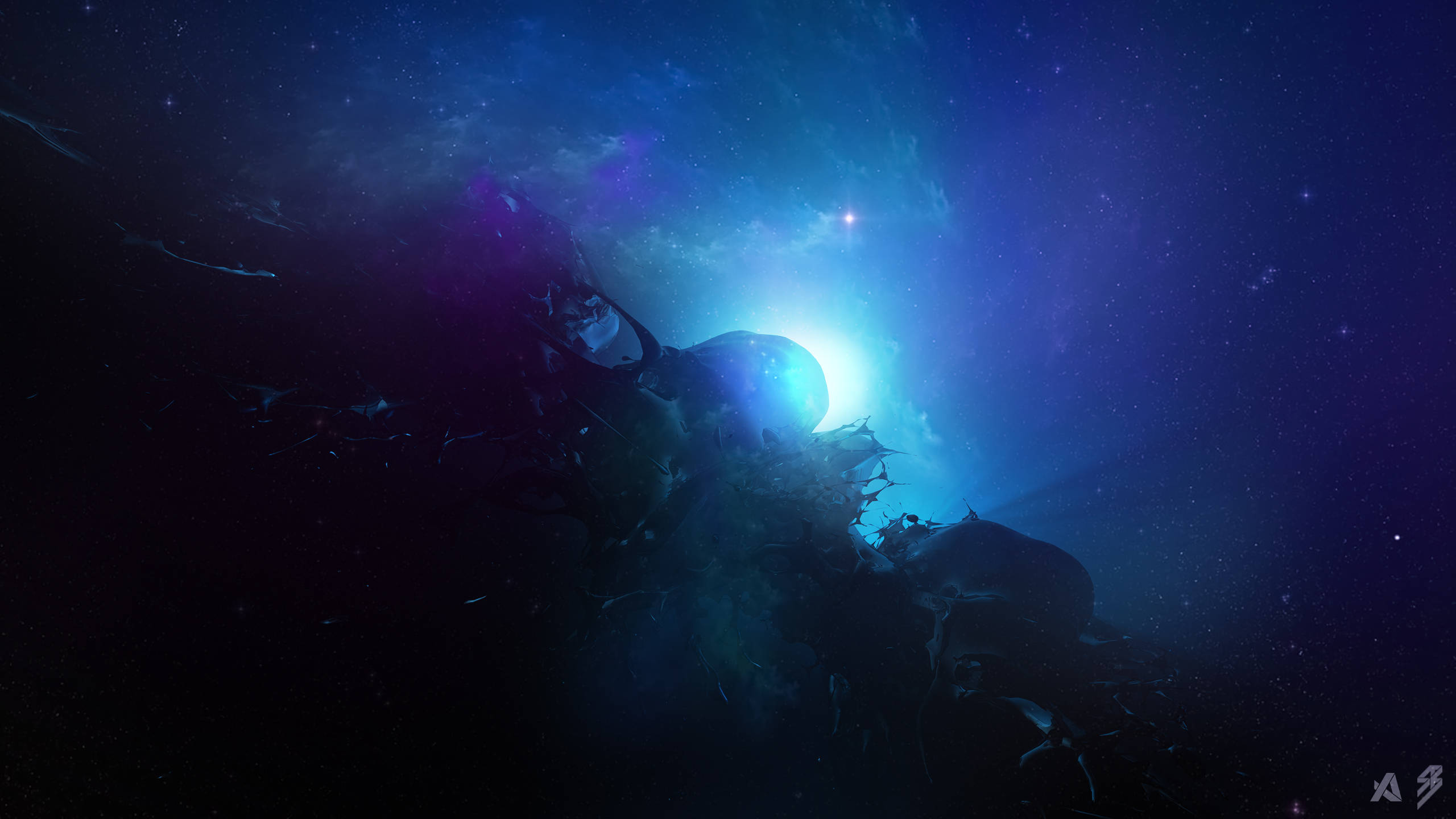 深藍星雲太空手機壁紙 壁紙 — 宇宙星雲在星空中發出電藍色和紫色的光芒，一個天體從宇宙碎片中浮現。