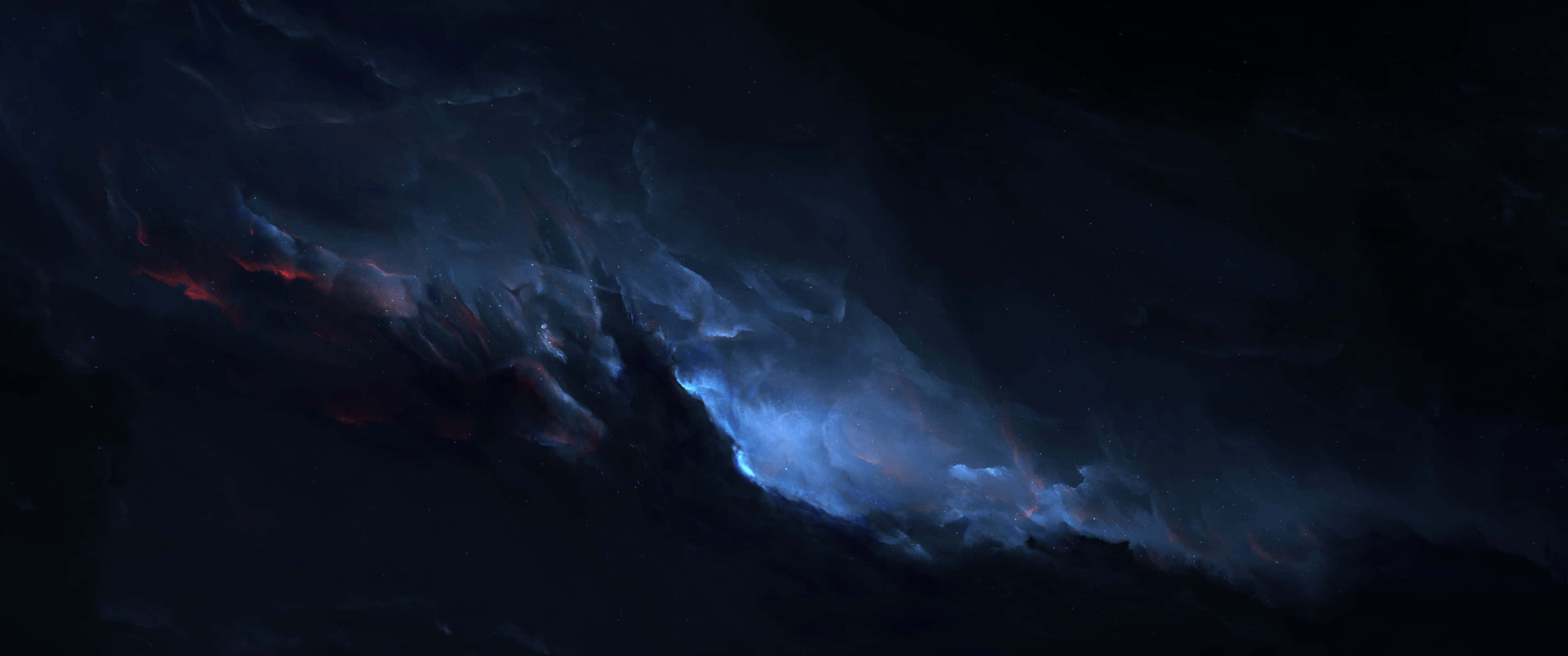 深藍畫作，搭配紅藍色調 壁紙 — 宇宙星雲在無星的虛空中旋轉，呈現深藍和火紅的色彩。