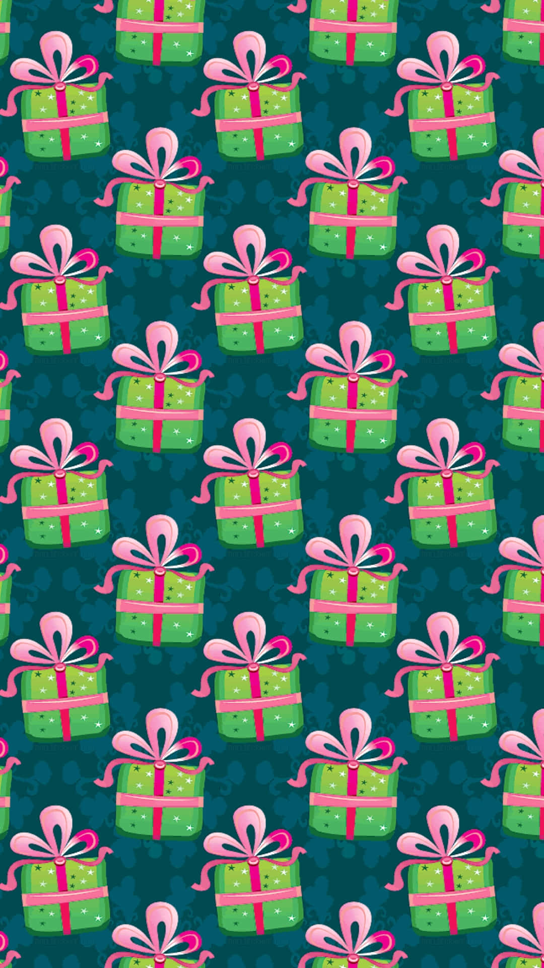 Christmas Pattern 桌布 壁紙 — 深藍綠色背景上帶有粉紅色絲帶的綠色禮物盒重複圖案。