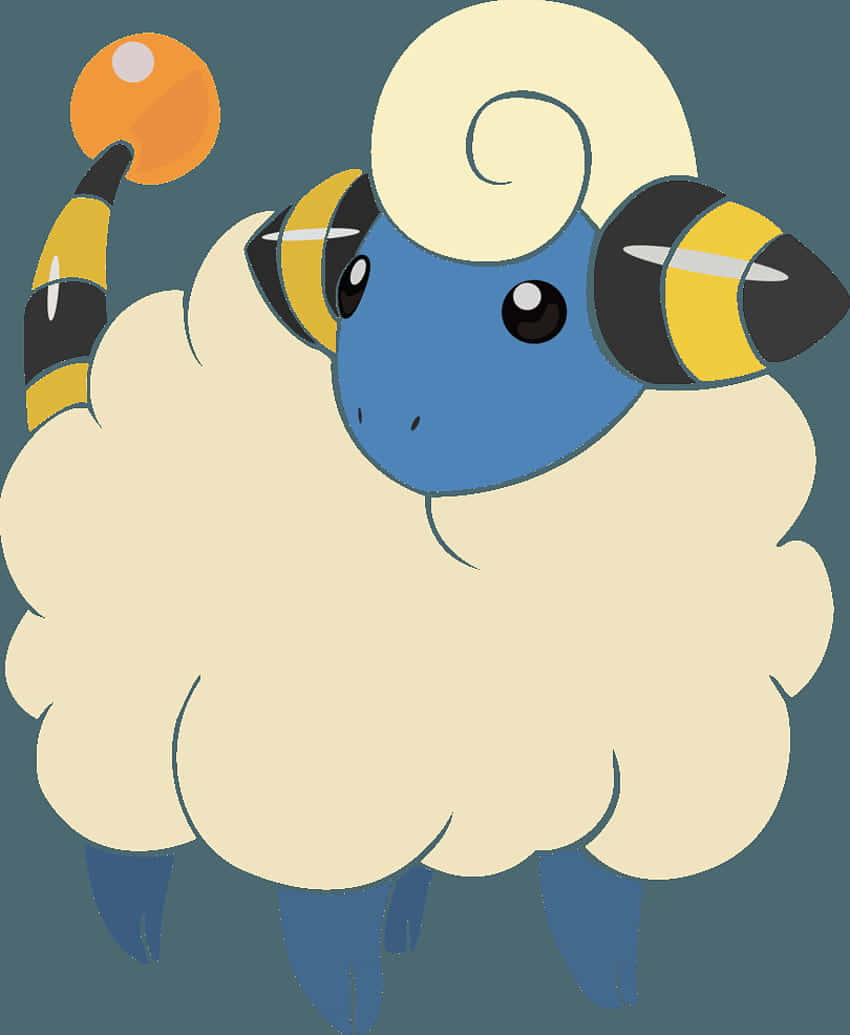 深藍背景上的Mareep 壁紙 — 一隻可愛的卡通羊，擁有蓬鬆的奶油色毛髮、藍色臉龐和蜜蜂般的條紋耳朵，在柔和的青綠色背景前抱著一個橙色球體。