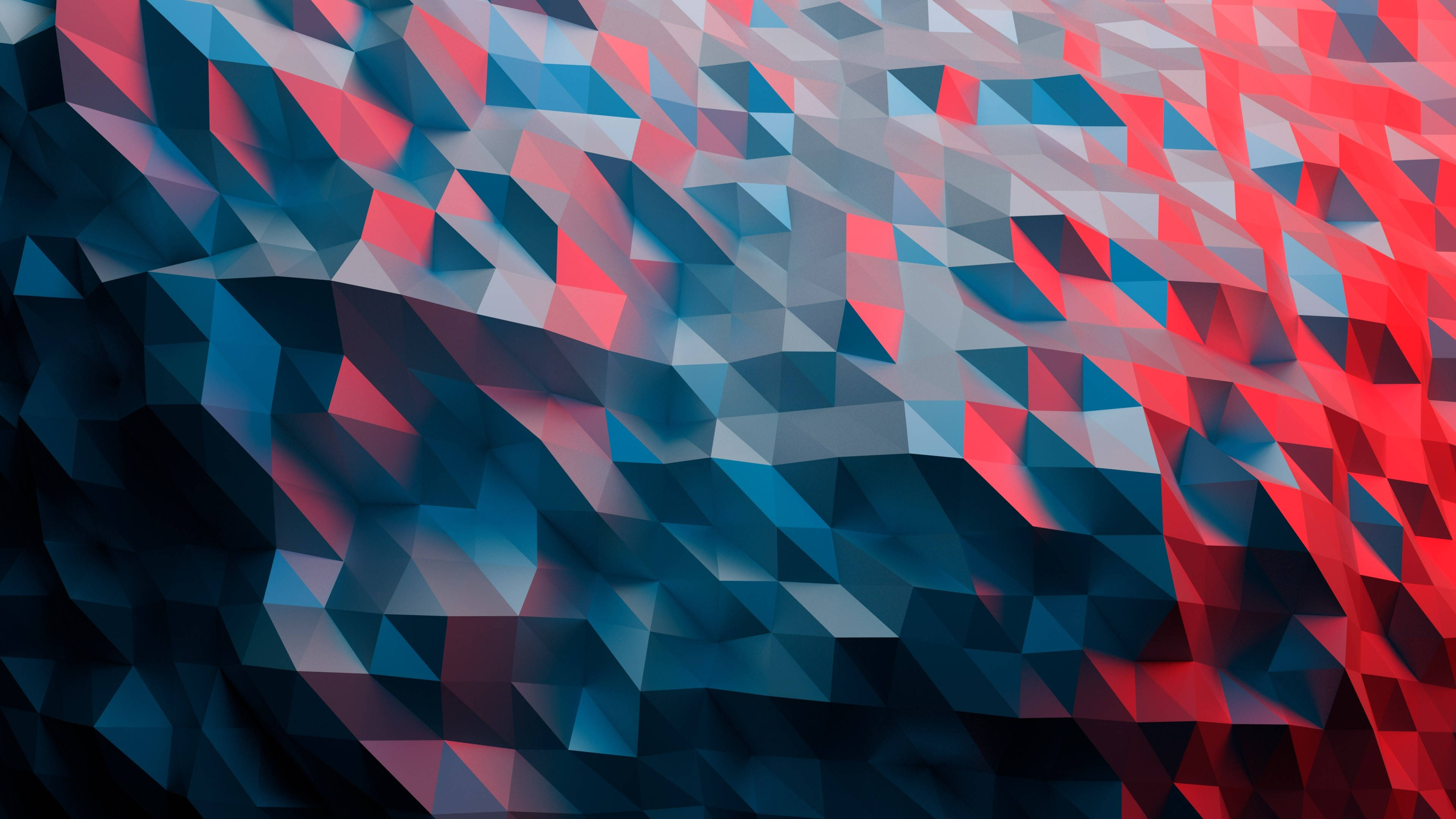Geometric 桌布 壁紙 — 深藍與火紅交織的三角形動態抽象圖案，營造出流動且具紋理的數位景觀。