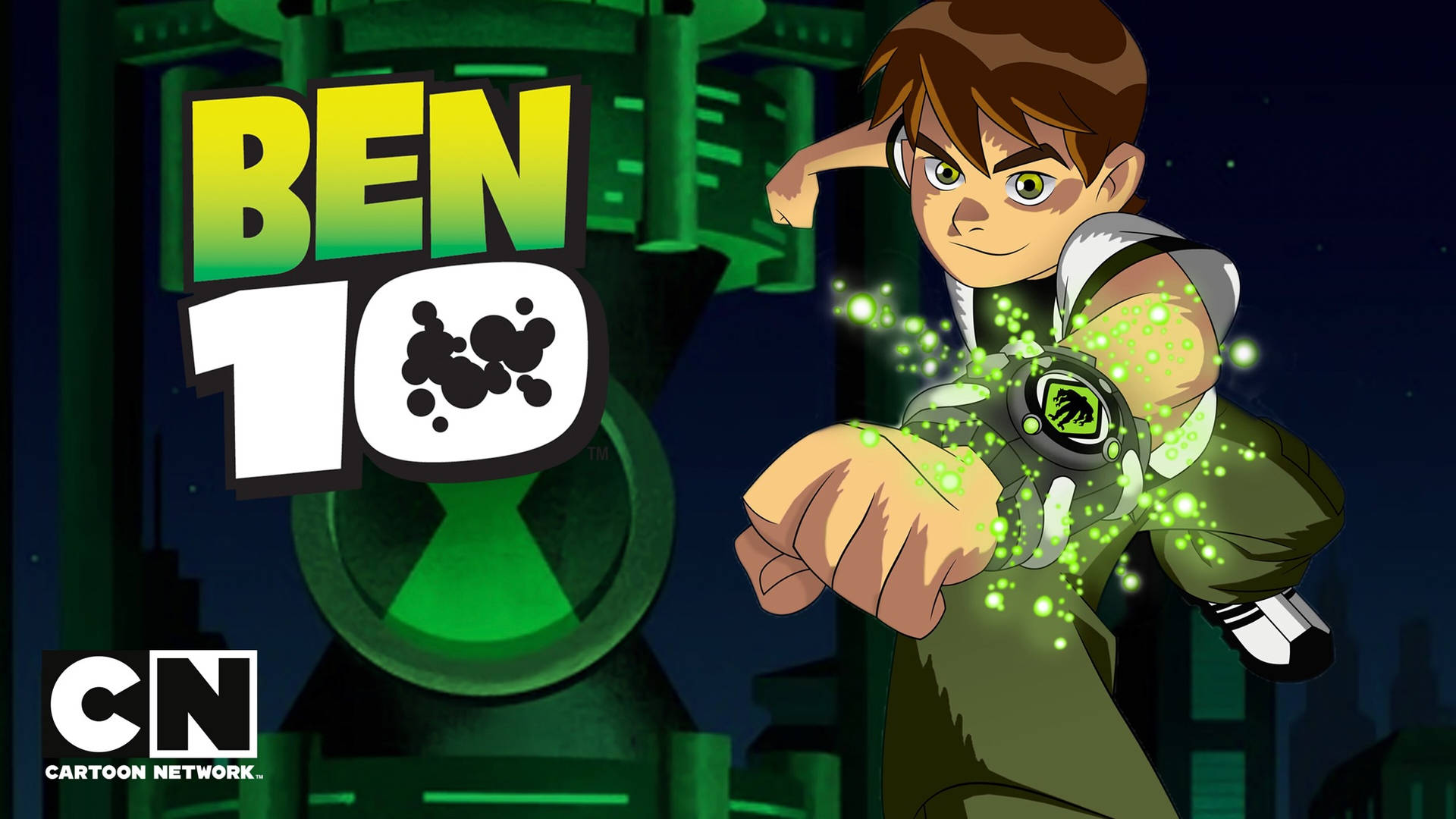 Ben 10 英雄在未來的城市夜晚用綠色能量啟動 Omnitrix。