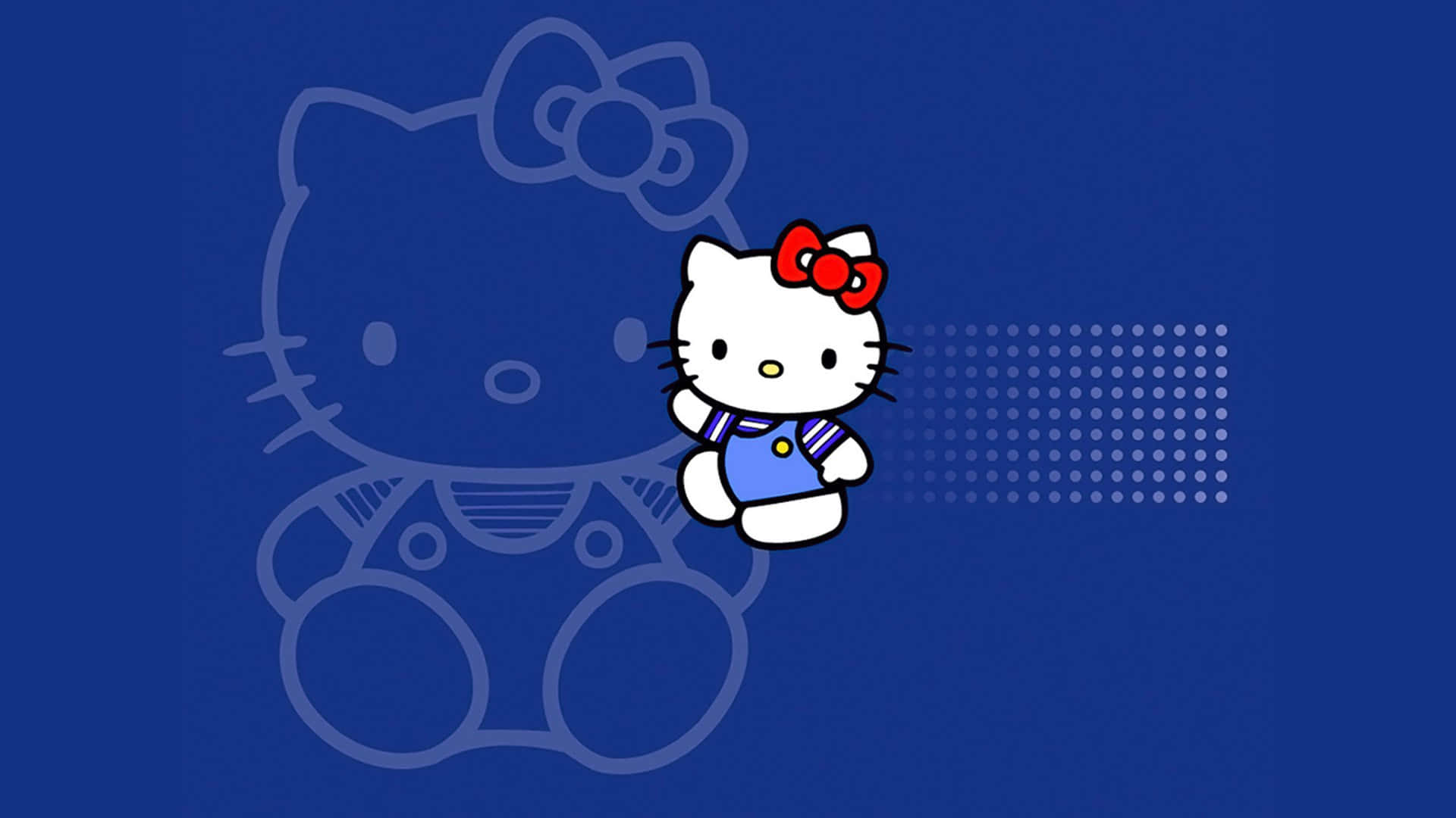 深藍色Hello Kitty背景 壁紙 — Hello Kitty 穿著水手服漂浮在深藍色背景上，帶有模糊輪廓和圓點圖案。