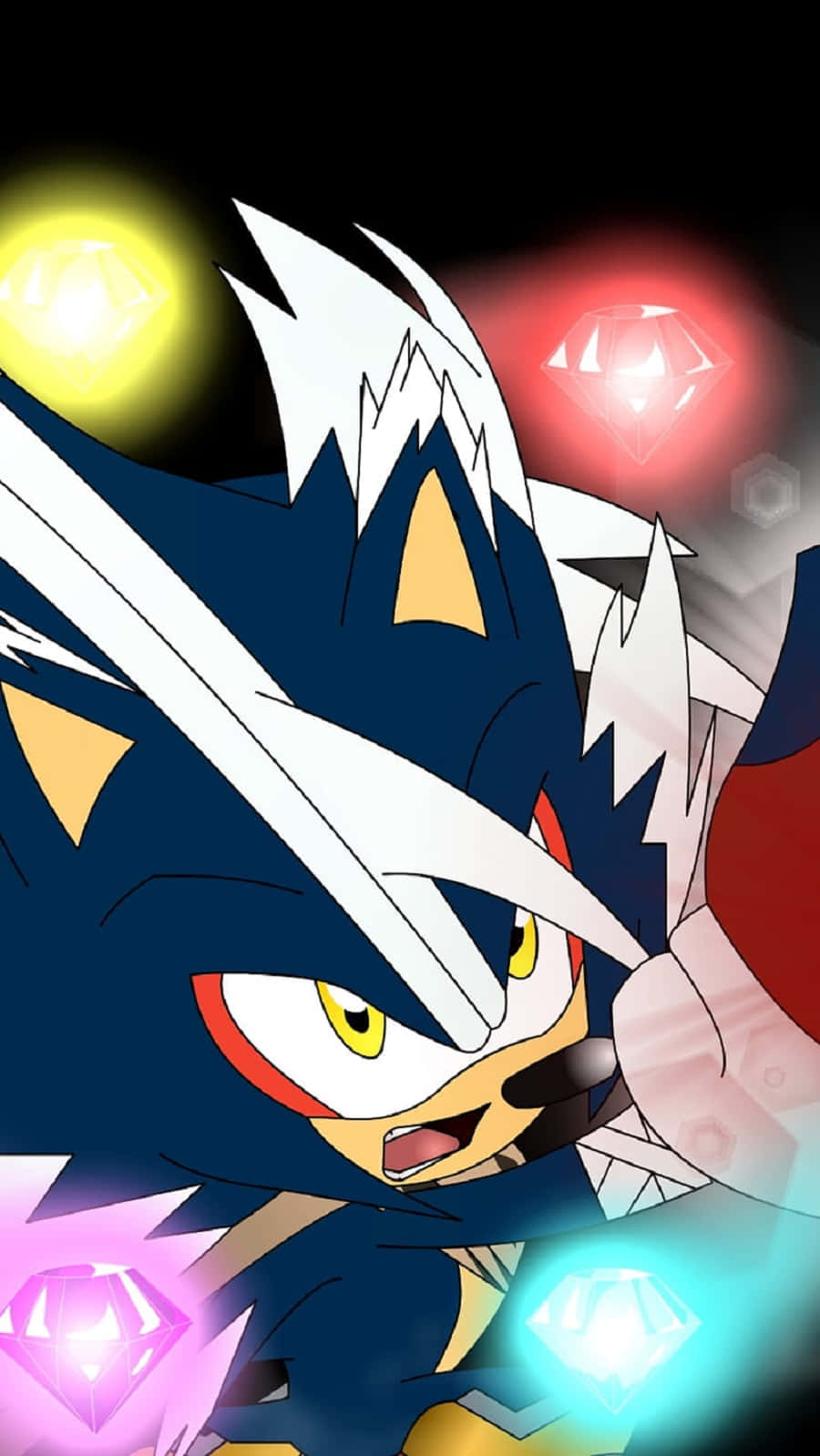 Chaos Emeralds 桌布 壁紙 — 深藍色和白色盔甲的索尼克手持發光劍，被彩色浮動寶石環繞，背景為黑色。