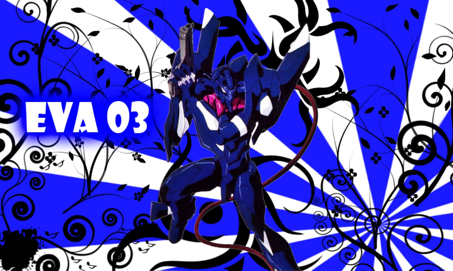 Eva-03 桌布 壁紙 — 深藍色嘅 Evangelion Unit 03 動感咁企喺大膽嘅藍白間條背景前面，上面有黑色花卉漩渦。
