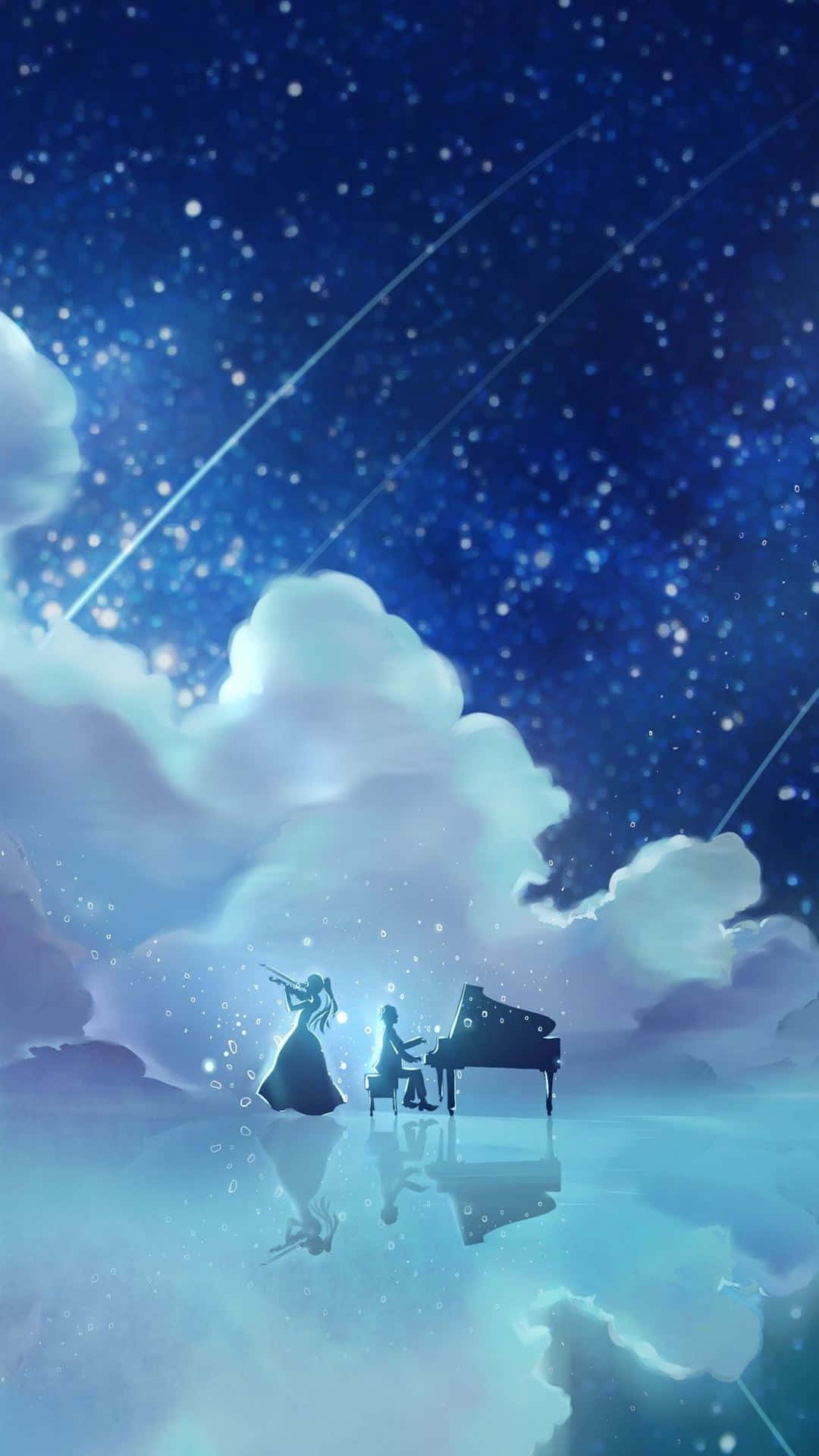 兩位音樂家在繁星點點的天空下，伴隨著發光的雲朵演奏小提琴和鋼琴。