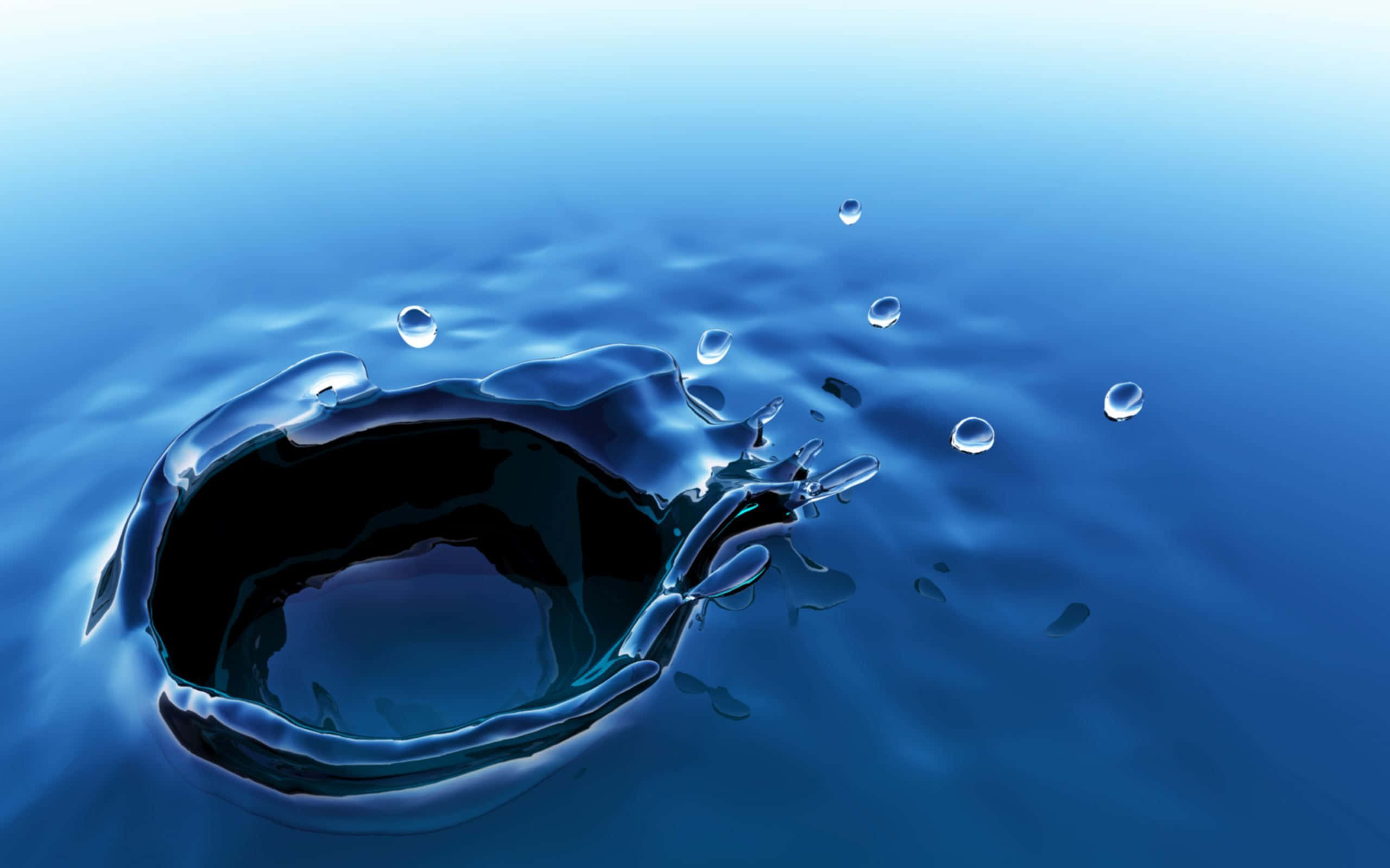 3d Water 桌布 壁紙 — 深藍色水的動態飛濺形成一個完美的圓形隕石坑，水滴在漸變藍色背景上向外飛濺。