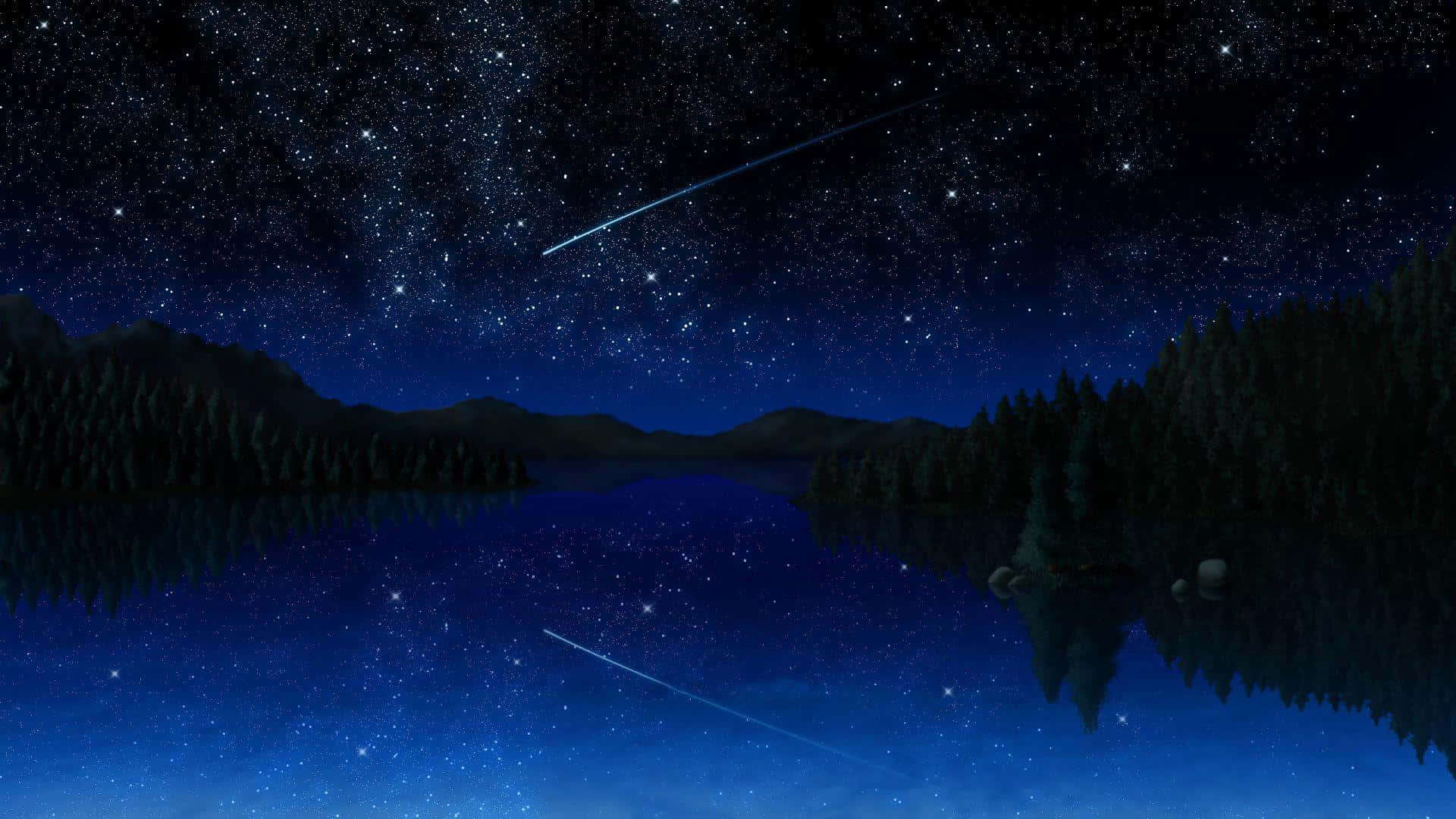繁星點點夜空流星劃過山間湖面樹木倒影