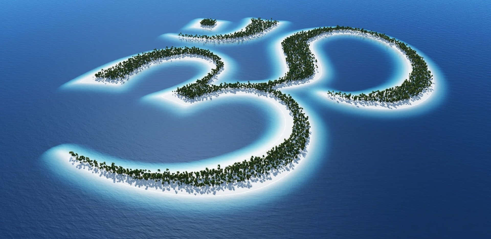 OM 桌布 壁紙 — 深藍色海洋中，由翠綠島嶼和白色沙灘組成的神聖 Om 符號的鳥瞰圖。