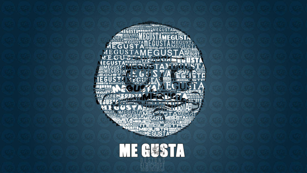 「Me Gusta！」 壁紙 — 深藍色牆紙，帶有「ME GUSTA」的圓形文字雲，下方以粗體白色字母重複該短語。