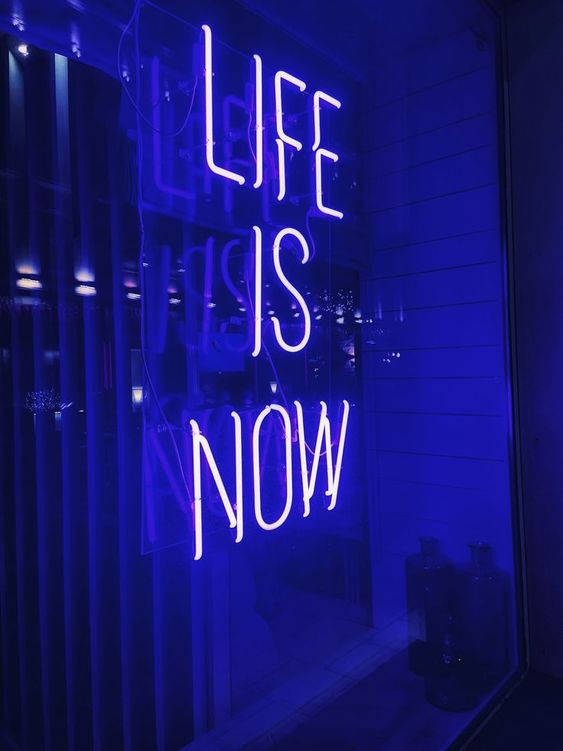 夜間玻璃店面上一塊寫著「LIFE IS NOW」的藍色霓虹燈牌。