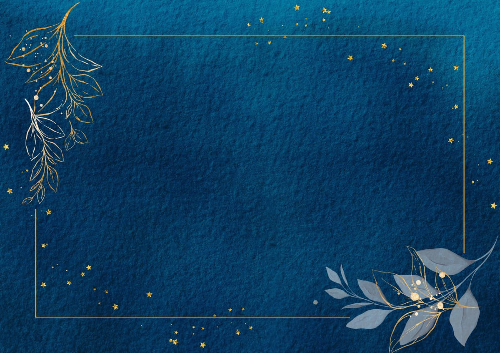 Cute Blue 桌布 壁紙 — 深藍色紋理牆紙，以金色線條和精緻的銀葉圖案鑲邊，綴有散落的金色星星。