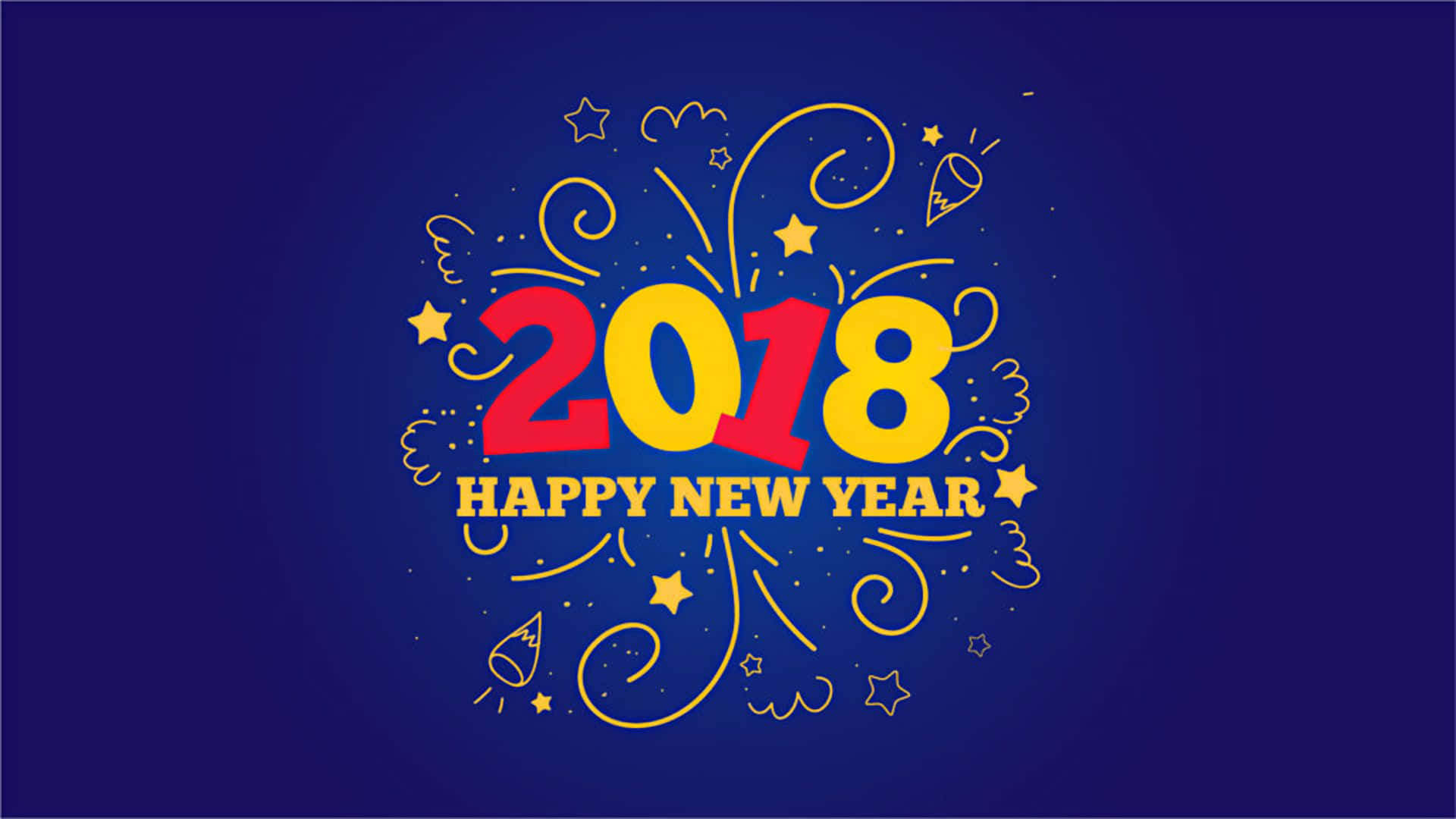 2018 桌布 壁紙 — 深藍色背景上，大膽的紅色和黃色2018文字，帶有慶祝漩渦、星星和火箭。