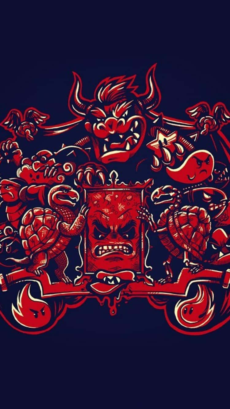 bowser 桌布 壁紙 — 深藍色背景上帶有憤怒面孔和烏龜的大膽紅色惡魔紋章。