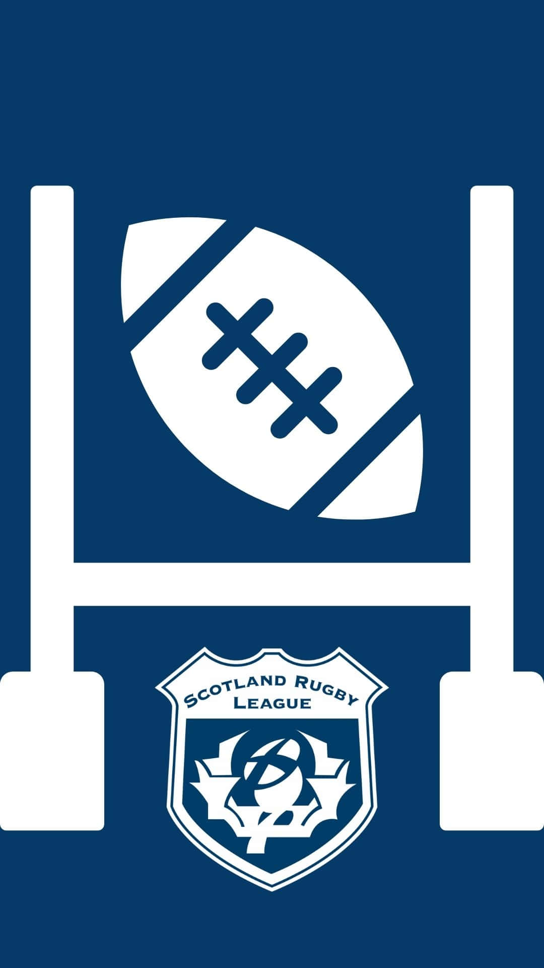 Scotland Rugby 桌布 壁紙 — 深藍色背景上帶有蘇格蘭欖球聯盟徽章嘅白色欖球同龍門柱圖示。
