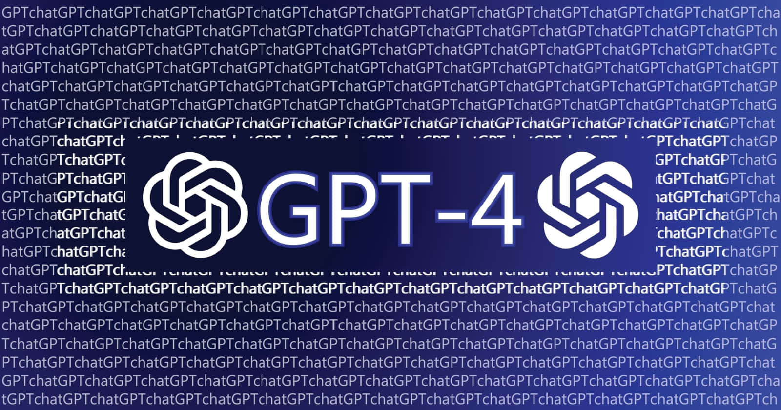 Gpt-4 桌布 壁紙 — 深藍色背景上帶有重複文字圖案、發光白色文字和符號的 GPT-4 標誌。
