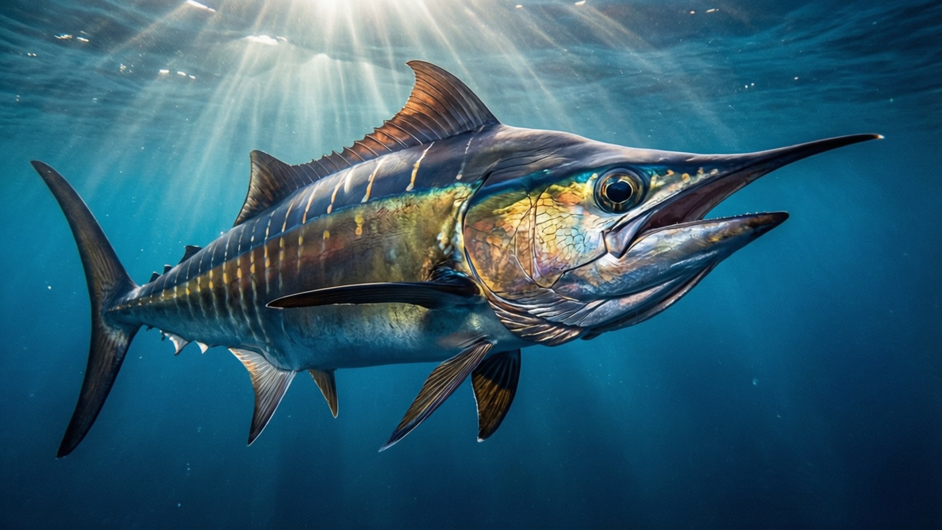 深藍色鰆魚 壁紙 — 一條雄偉的馬林魚在深藍色海洋中滑行，陽光從上方照射下來。