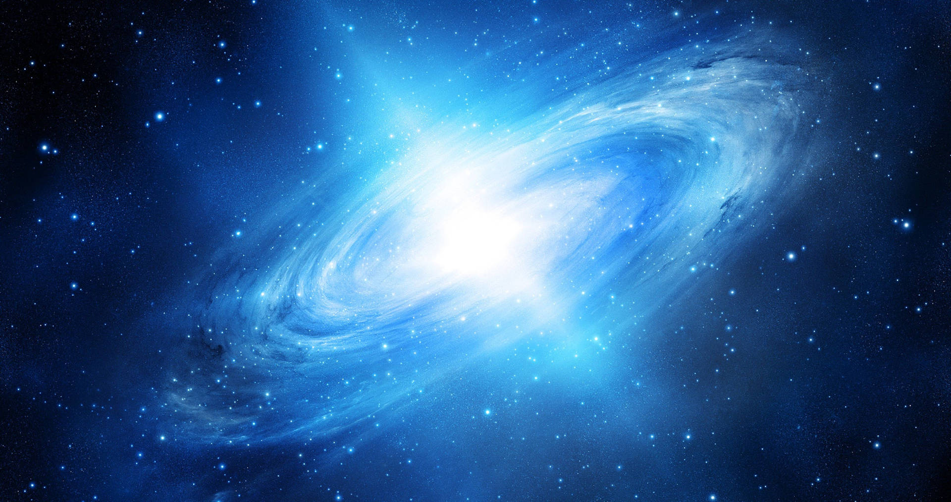 一個明亮的藍色螺旋星系，在深空中佈滿星星。