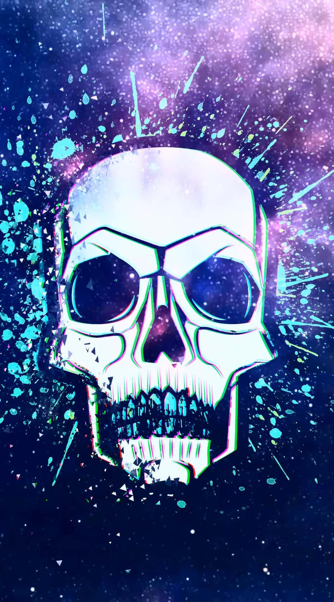 發光的骷髏頭，帶有宇宙般的眼睛，在充滿活力的星系背景中帶有霓虹色飛濺。