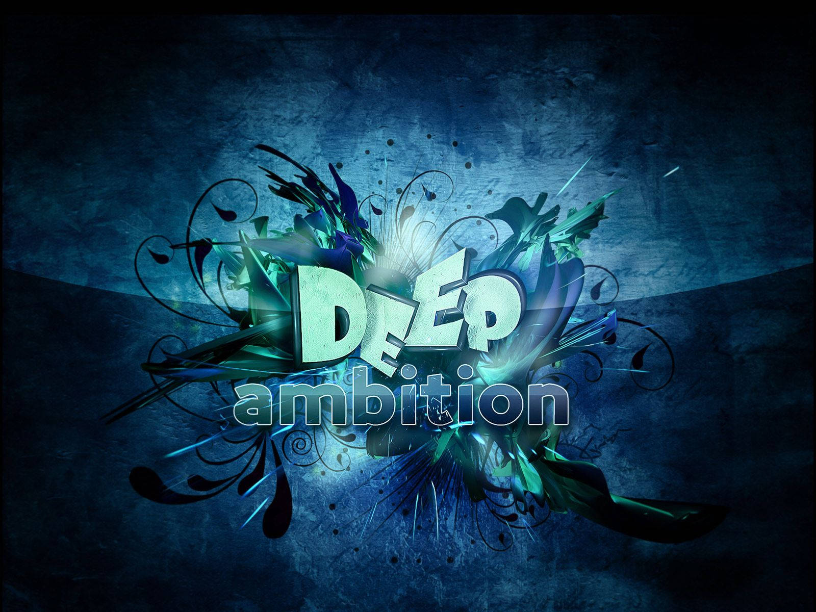 在紋理深藍色背景上，帶有 'DEEP ambition' 字樣的發光青綠色和黑色抽象設計。