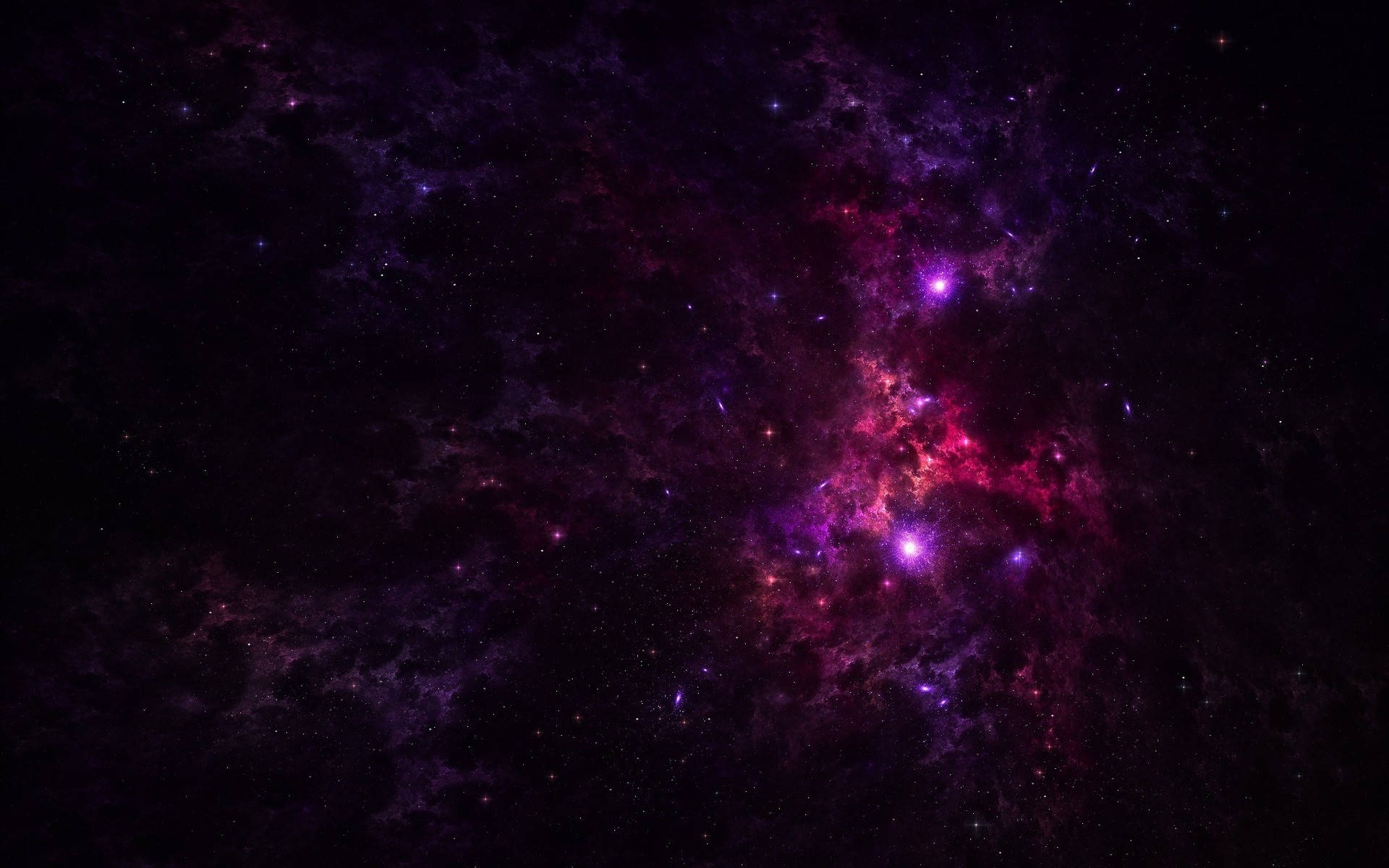 深邃粉紅星系 壁紙 — 宇宙星雲在佈滿星星的黑色虛空中旋轉，散發著鮮豔的紫色和粉紅色氣體。