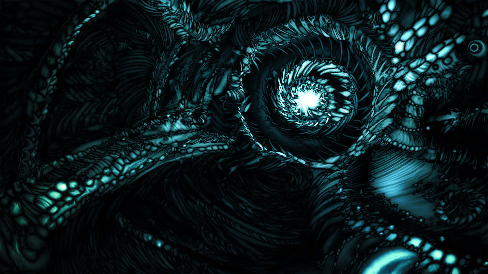 深邃迷幻高清 — 深淵洞穴視覺 壁紙 — 一個迷人的青綠色和黑色分形隧道向內螺旋，朝向一個明亮的白色核心，散發著複雜的有機圖案光芒。