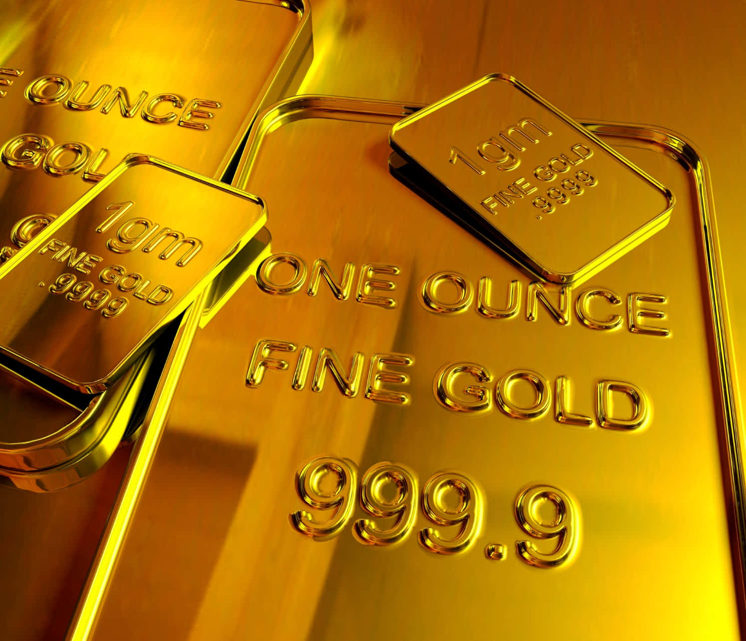 深邃金色，光澤絢爛 壁紙 — 閃亮的金條標示為 one ounce fine gold 999.9，在溫暖光線下閃爍，表面反光。