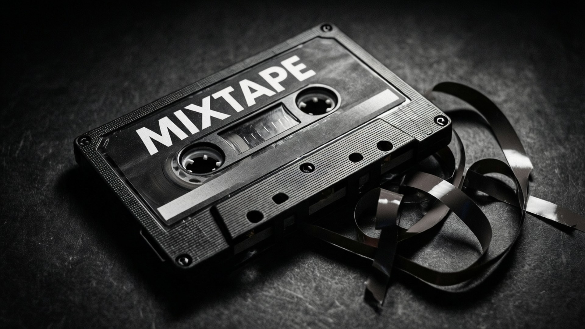 一盒標有 mixtape 的黑色卡式錄音帶，磁帶在深色表面上展開。
