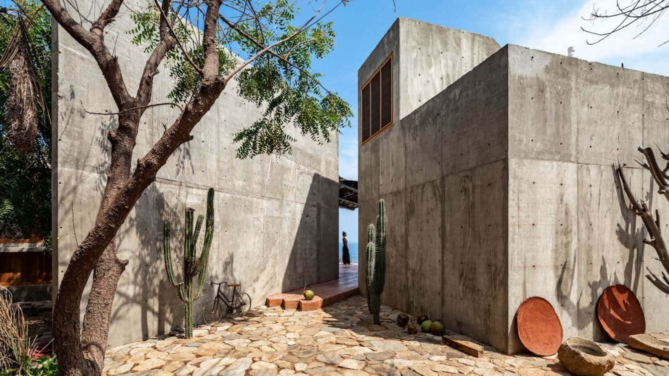 混凝土建築度假村圖片 壁紙 — 一個現代混凝土庭院，有石徑、仙人掌和樹木，在明亮的藍天下。