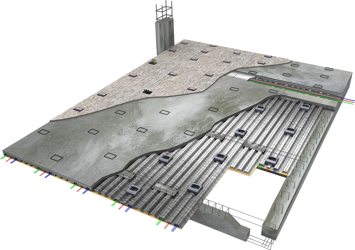 混凝土板鋼筋加強設計圖 壁紙 — 現代高速公路交匯處的橫截面 3D 渲染圖，包含分層道路、隧道和混凝土結構。