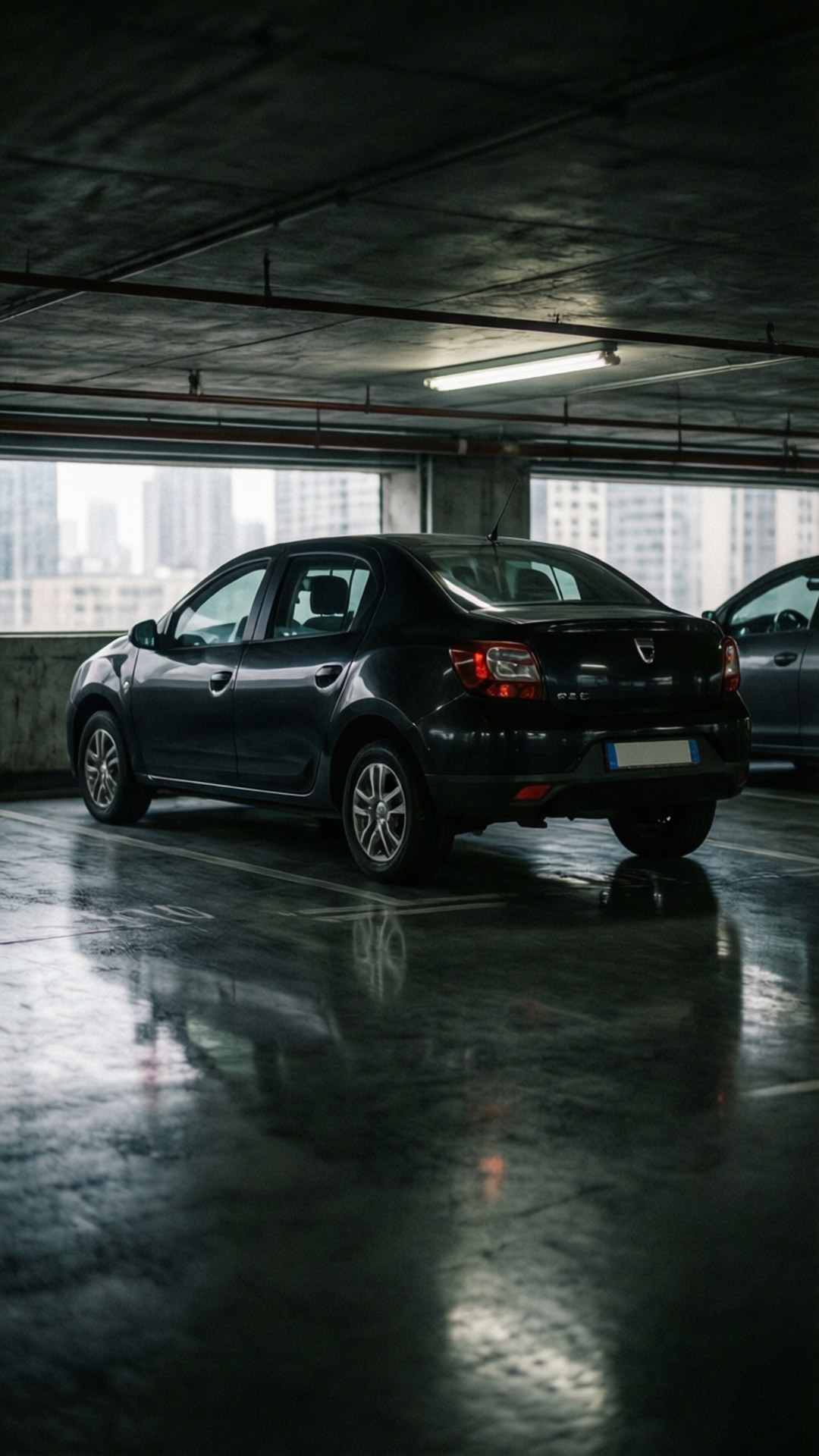 黑色房車停泊在潮濕的地下停車場，可欣賞城市景觀