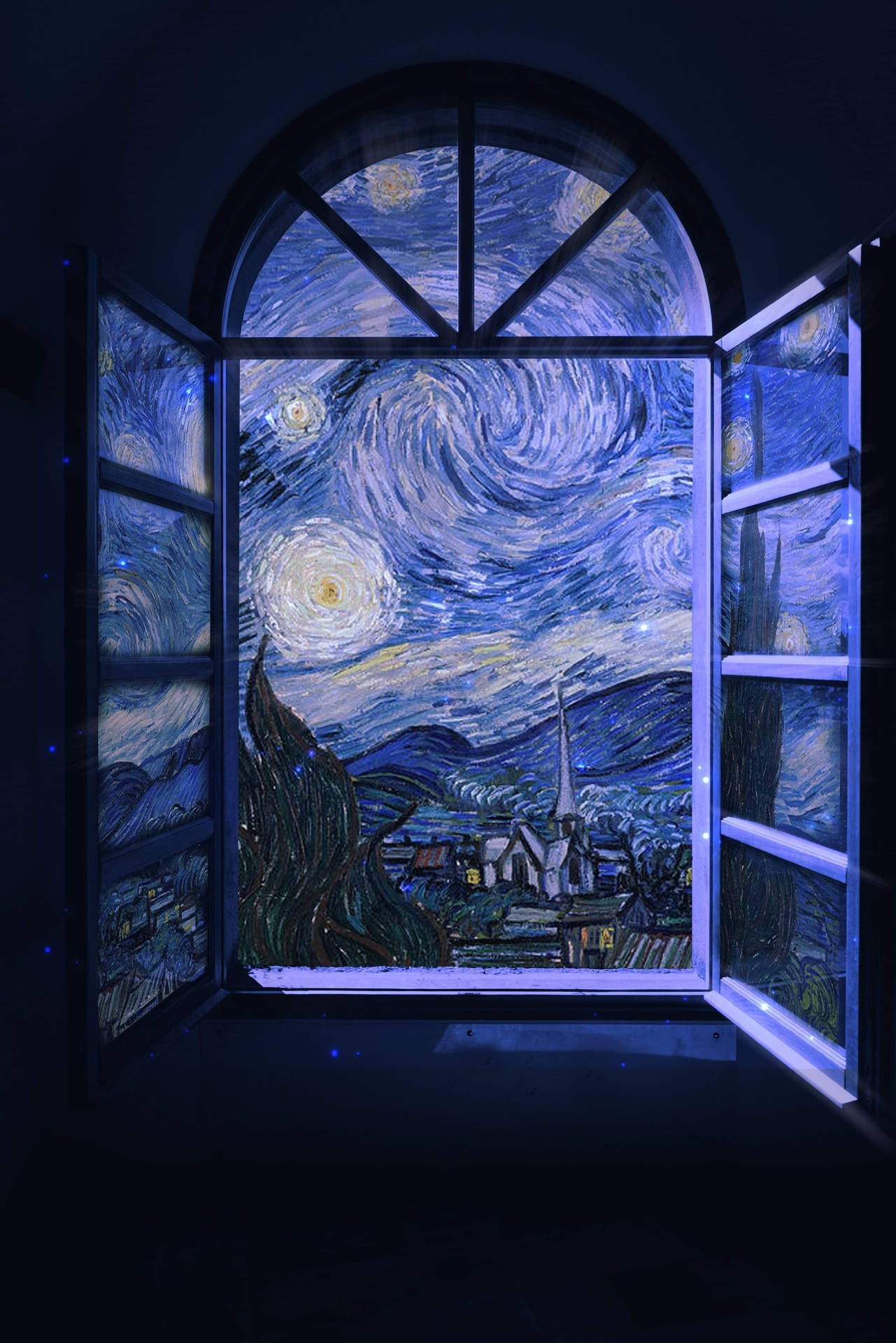 打開的窗戶展示梵高的星夜畫作，以藍色燈光照明。