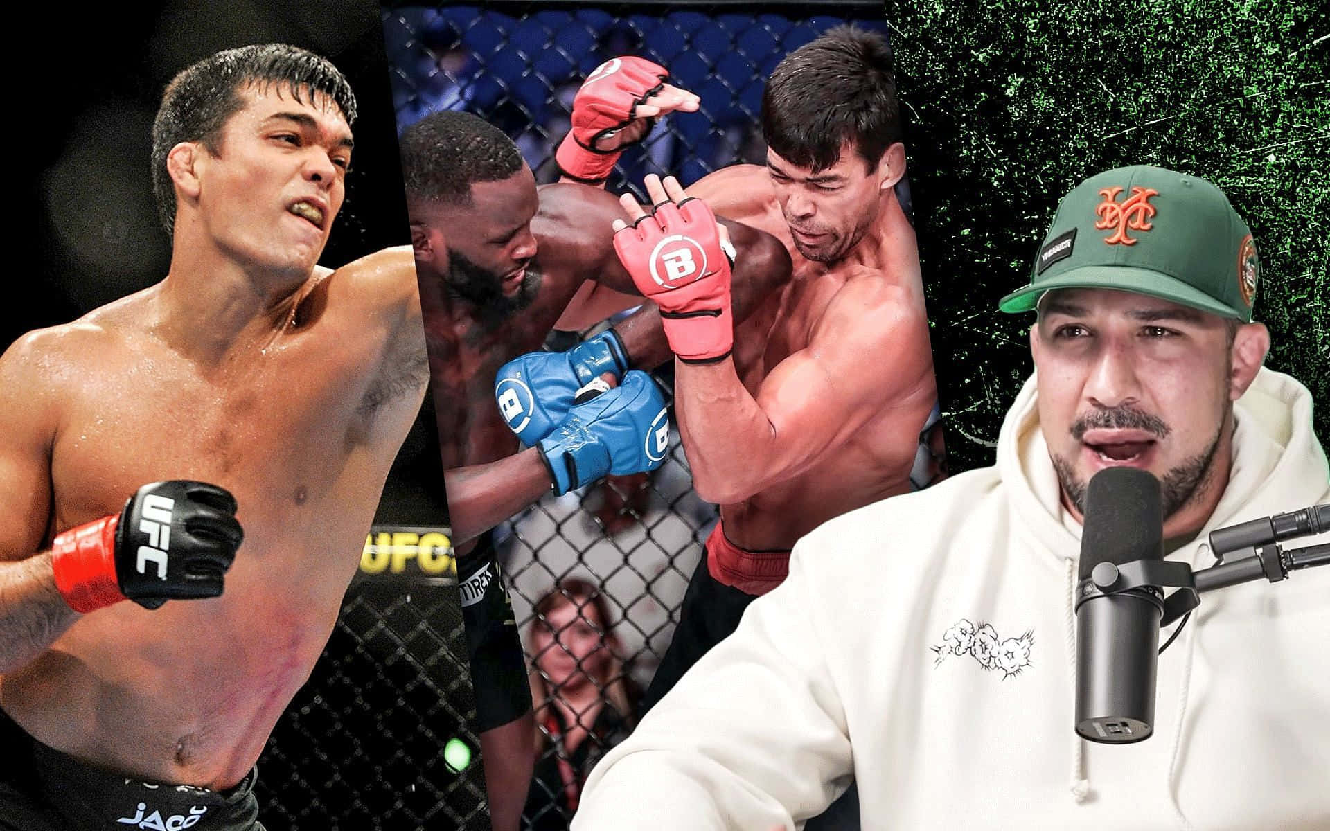 八角籠中的MMA拳手和對著咪高峰說話的評述員。