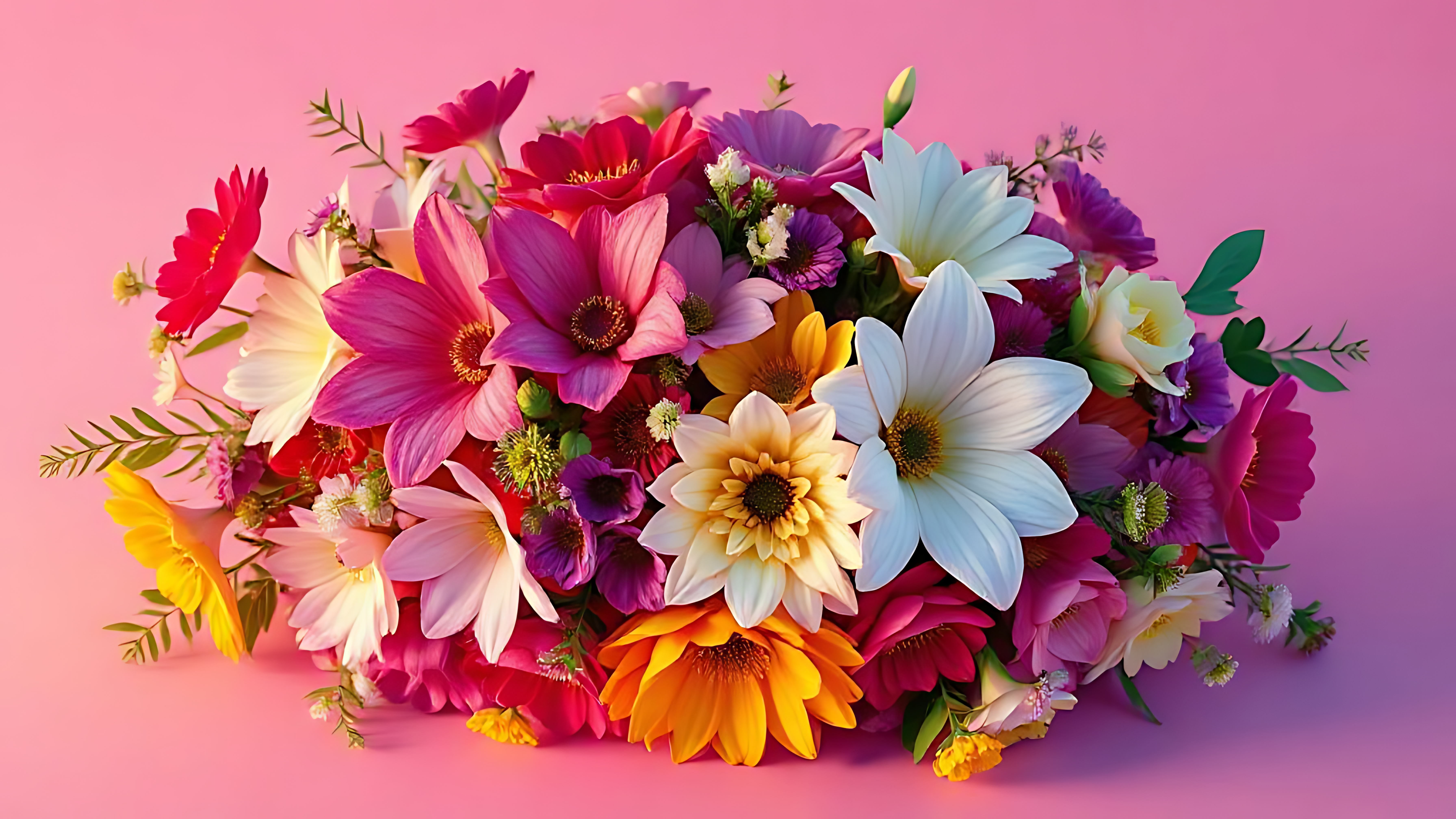 混合雛菊與野花花束 壁紙 — 一束色彩繽紛的鮮花，包括粉紅色、白色、黃色和紫色的花朵，排列在柔和的粉紅色漸變背景上。