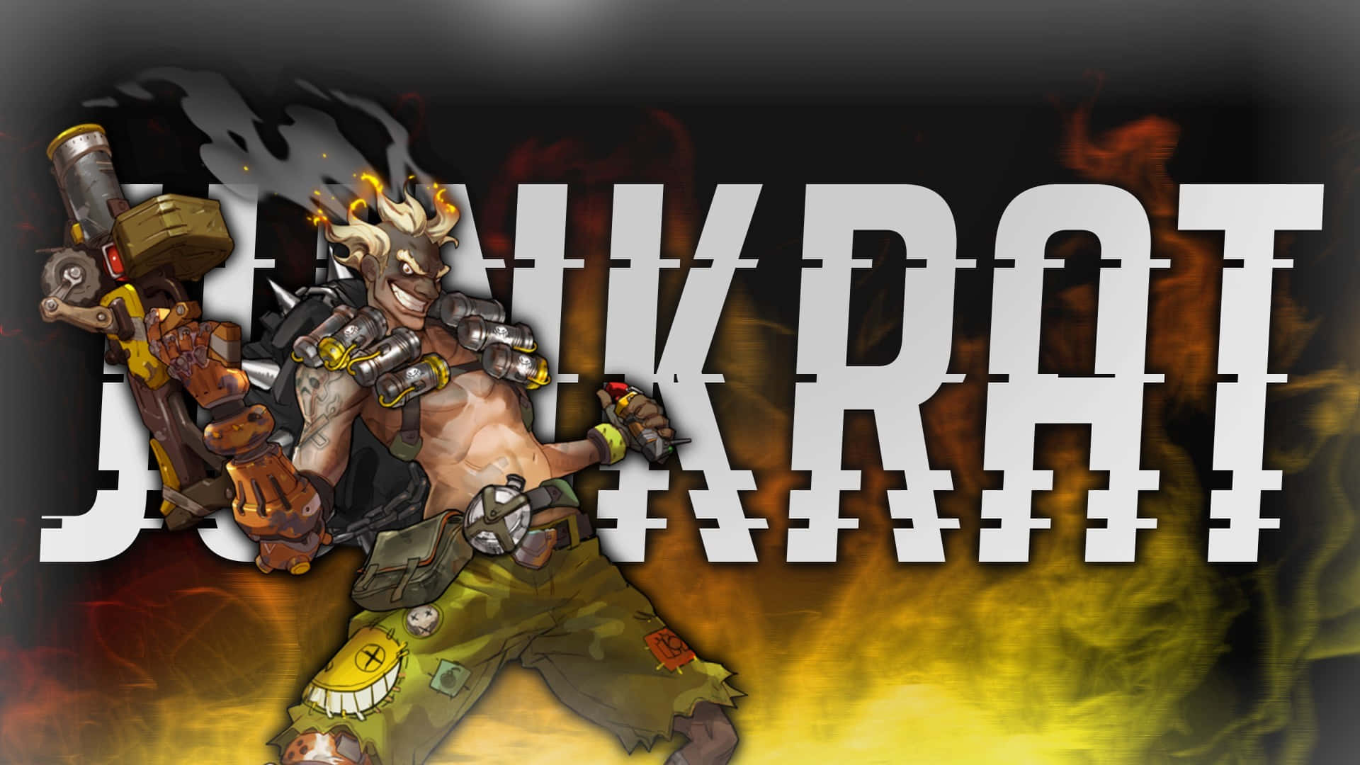 遊戲角色 Junkrat 擁有火焰頭髮和機械裝備，手持武器。