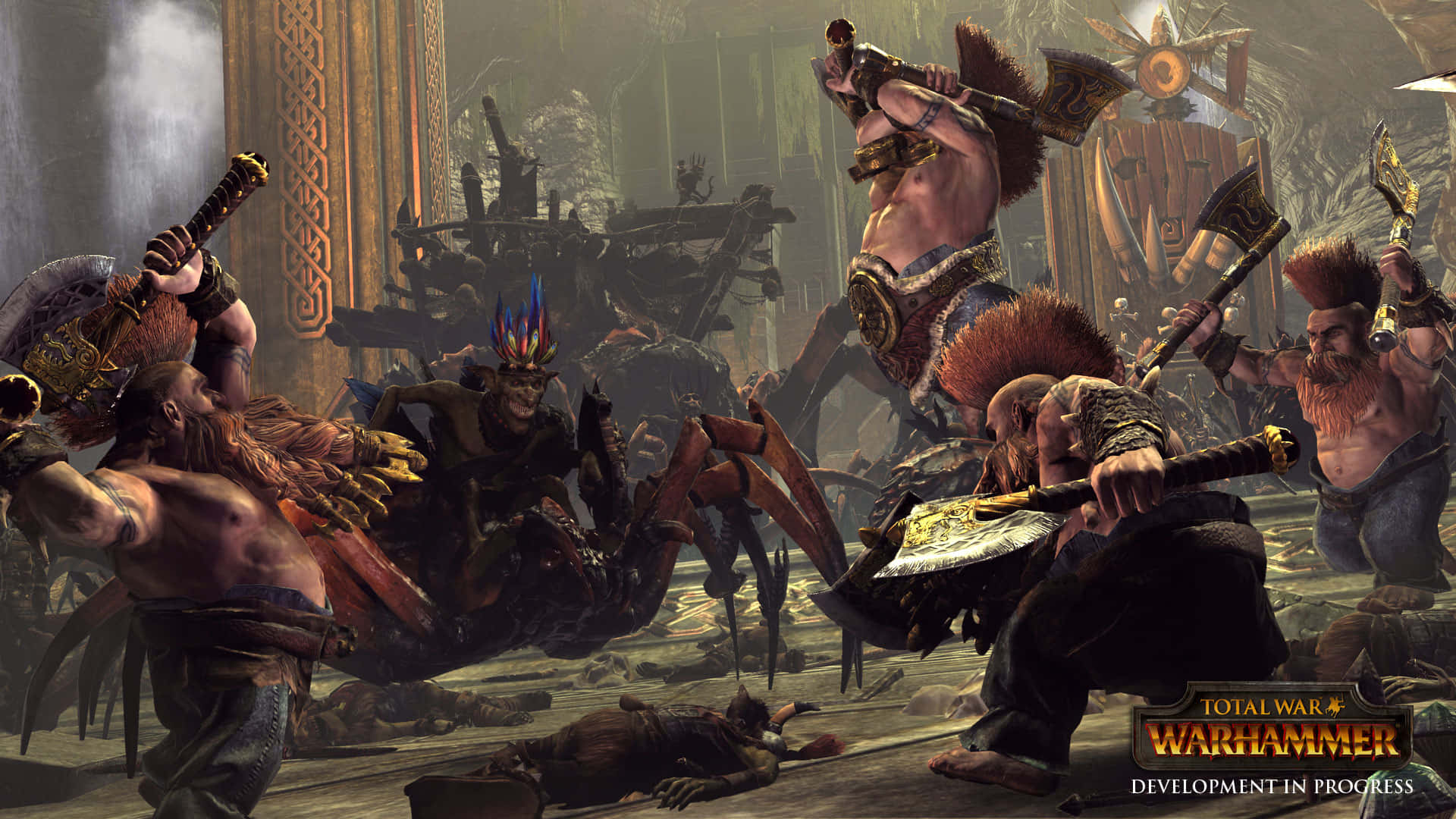 混沌戰士種族包 1920x1080 Total War Warhammer 背景 壁紙 — 殘酷的奇幻戰士在煙霧瀰漫的廢墟中，在華麗的柱子和倒下的敵人之間，在昏暗而戲劇性的燈光下交戰。