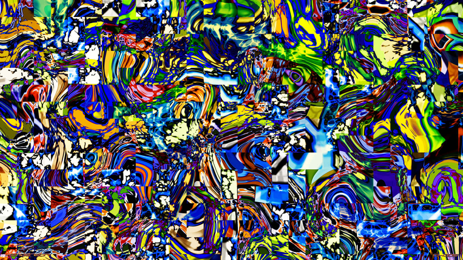 混沌的抽象呈現 壁紙 — 充滿活力的抽象數位藝術作品，帶有漩渦般的迷幻色彩和破碎的幾何形狀。
