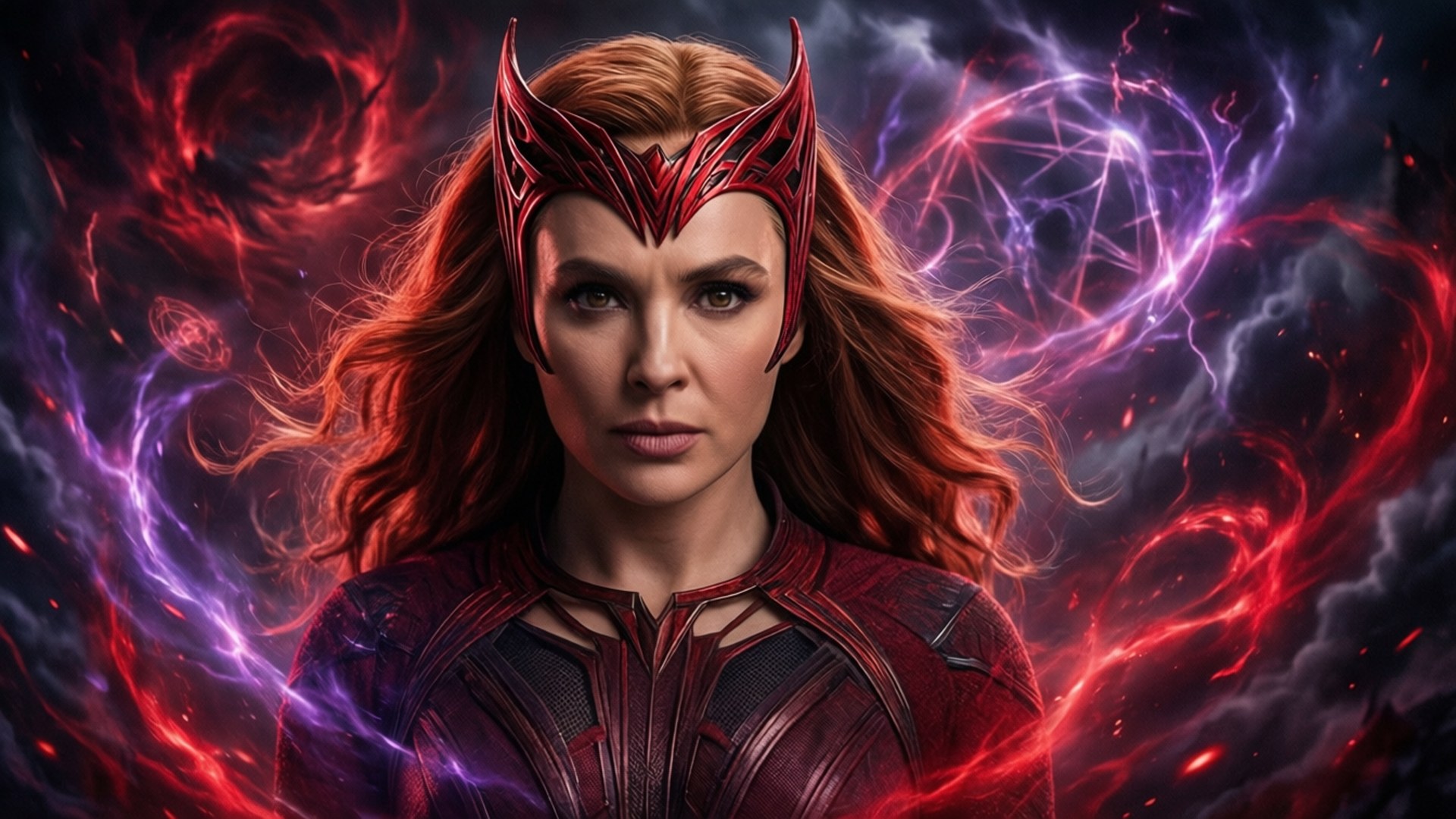 混沌風暴女王 壁紙 — Wanda Maximoff 身穿紅色和紫色的魔法盔甲，被旋轉的紅色和紫色能量包圍，背景是黑暗的暴風雨。