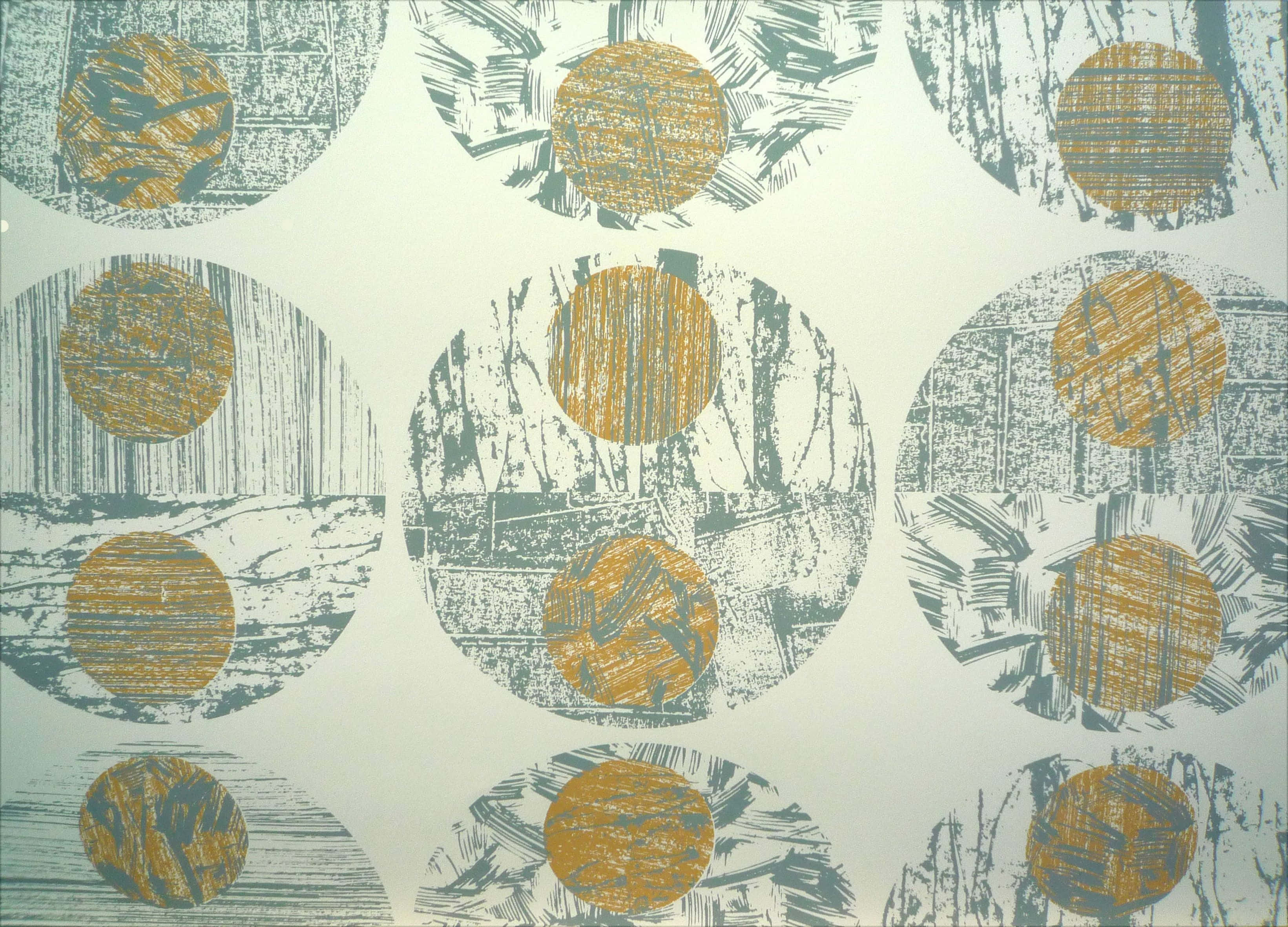Contemporary Art 桌布 壁紙 — 淺奶油色牆上重複的圓形圖案，帶有紋理金色中心和青綠色筆觸背景。