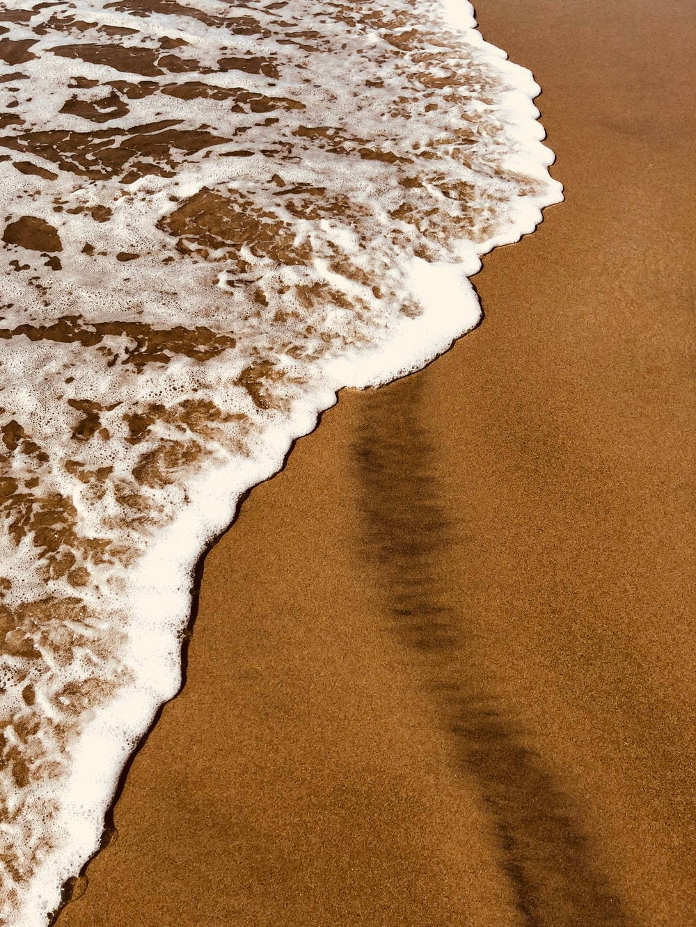 泡沫海浪在沙灘的濕潤金色沙灘上退去。