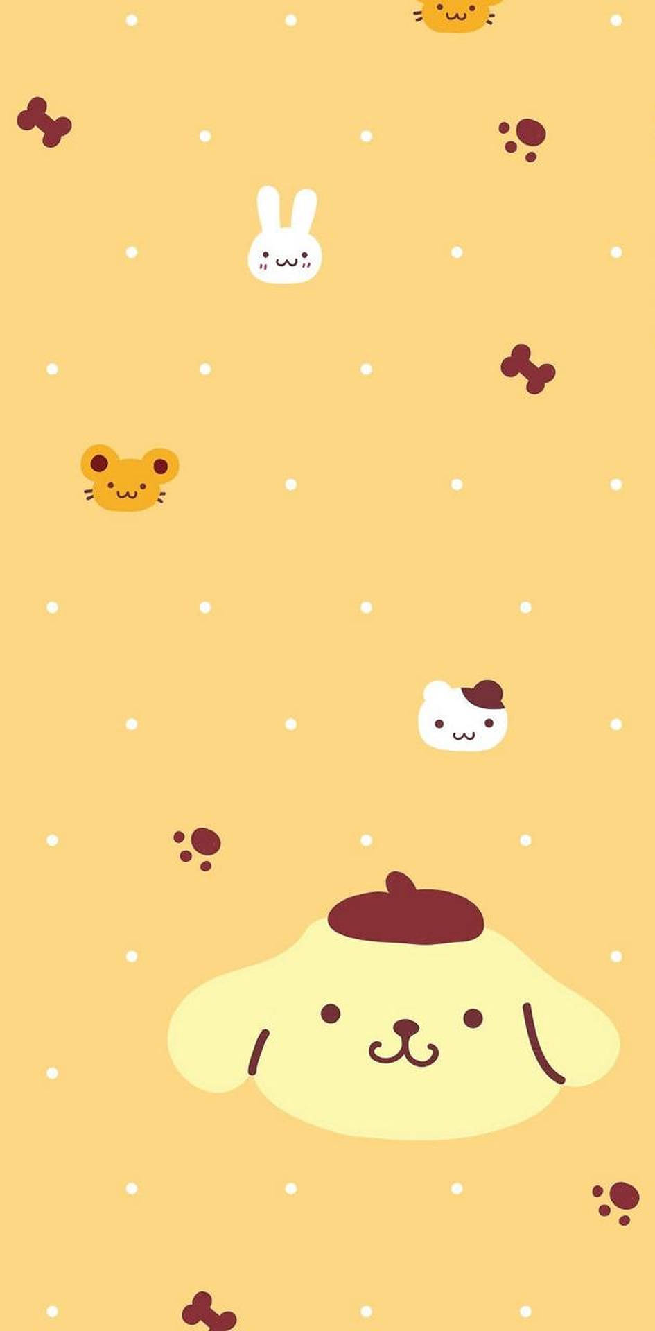 可愛的卡通動物和骨頭在黃色圓點背景上。 — 布甸狗 GIF 壁紙