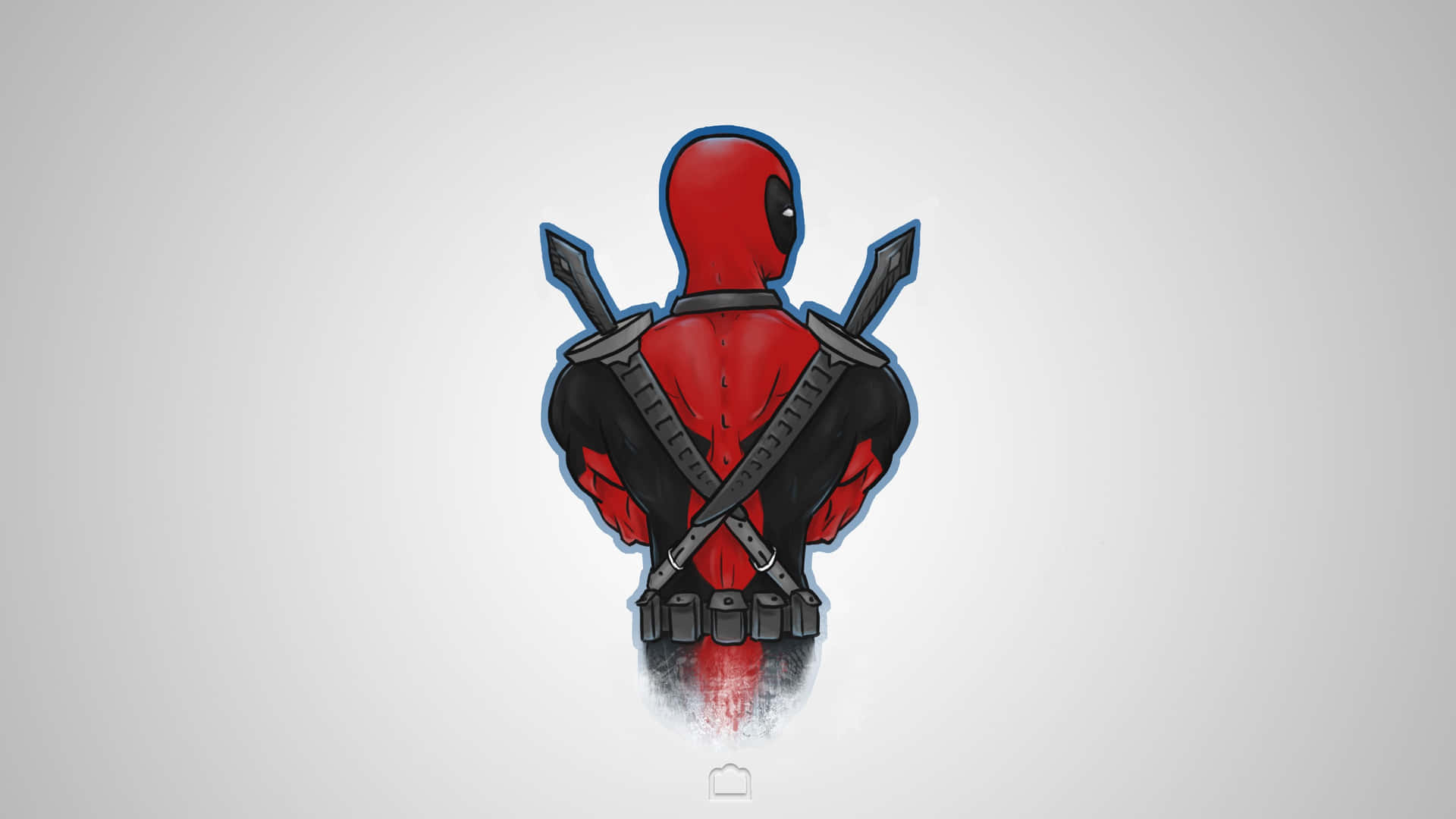 從背後看到的 Deadpool，背上交叉著劍。