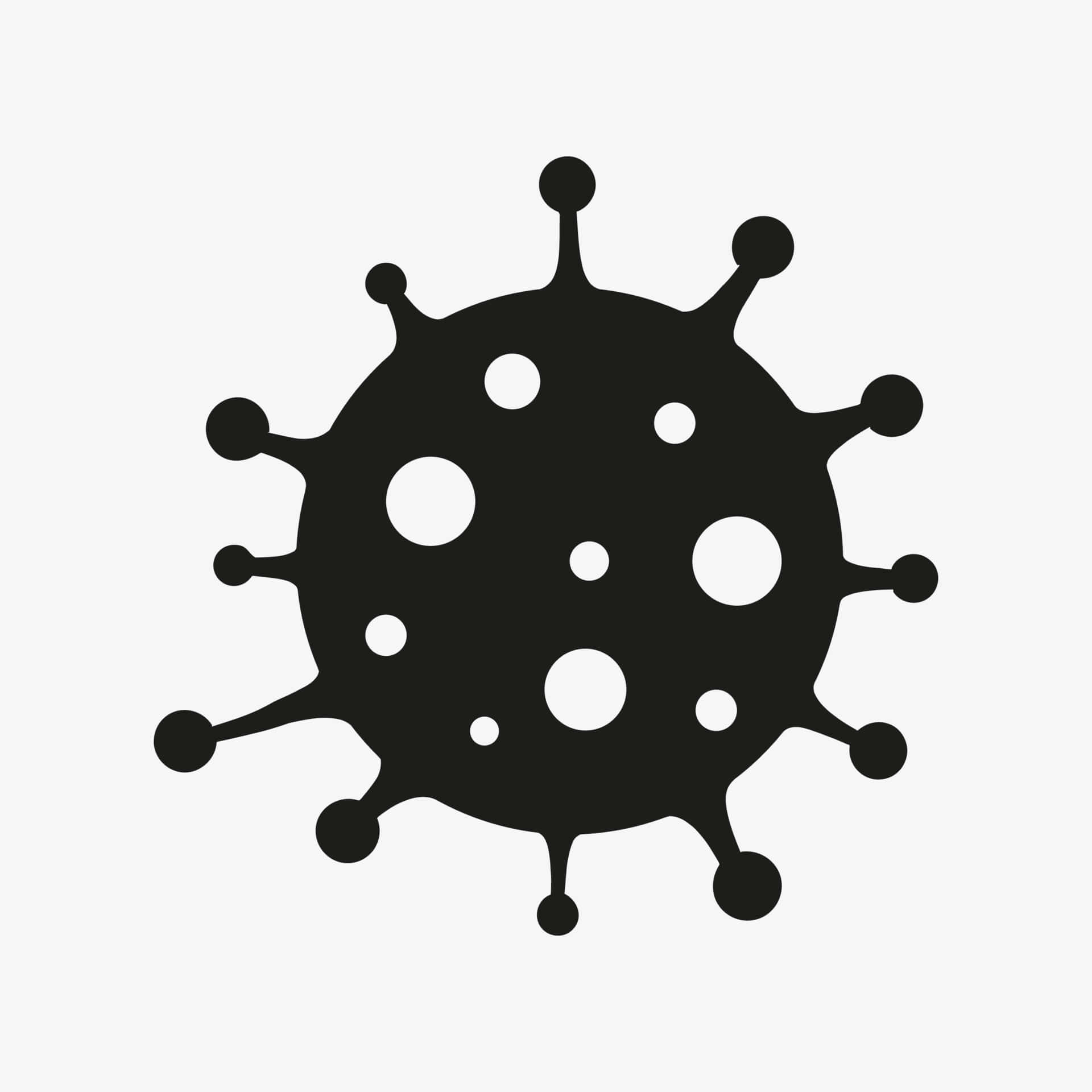Cell 桌布 壁紙 — 淺灰色背景上，一個帶有突出尖刺和圓形凹陷的病毒顆粒的鮮明黑色剪影。