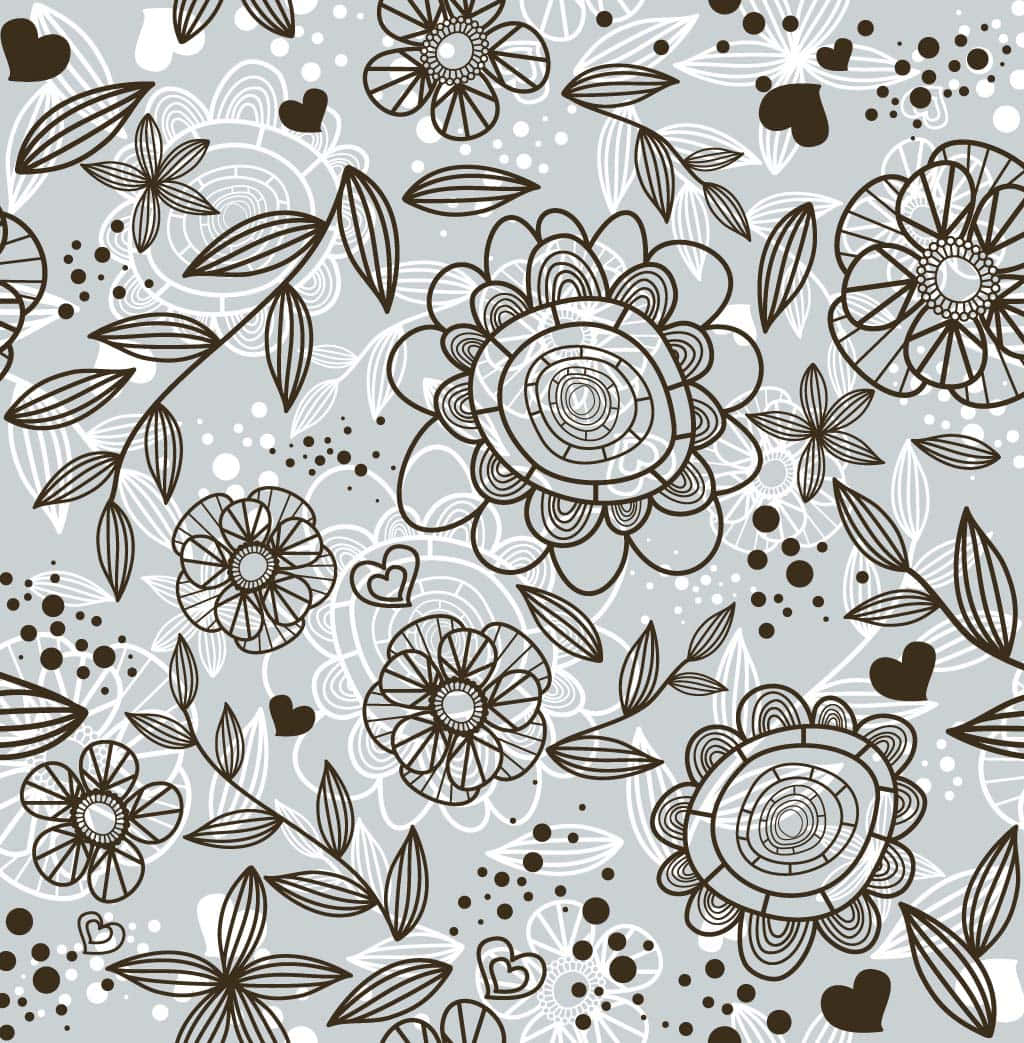 Floral Pattern 桌布 壁紙 — 淺灰色背景上以棕色手繪的花朵、葉子和心形圖案，精緻細膩。