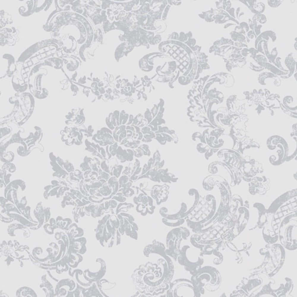 Lace 桌布 壁紙 — 淺灰色背景上優雅的銀色錦緞花卉圖案，帶有複雜的旋轉藤蔓和精緻的花朵。
