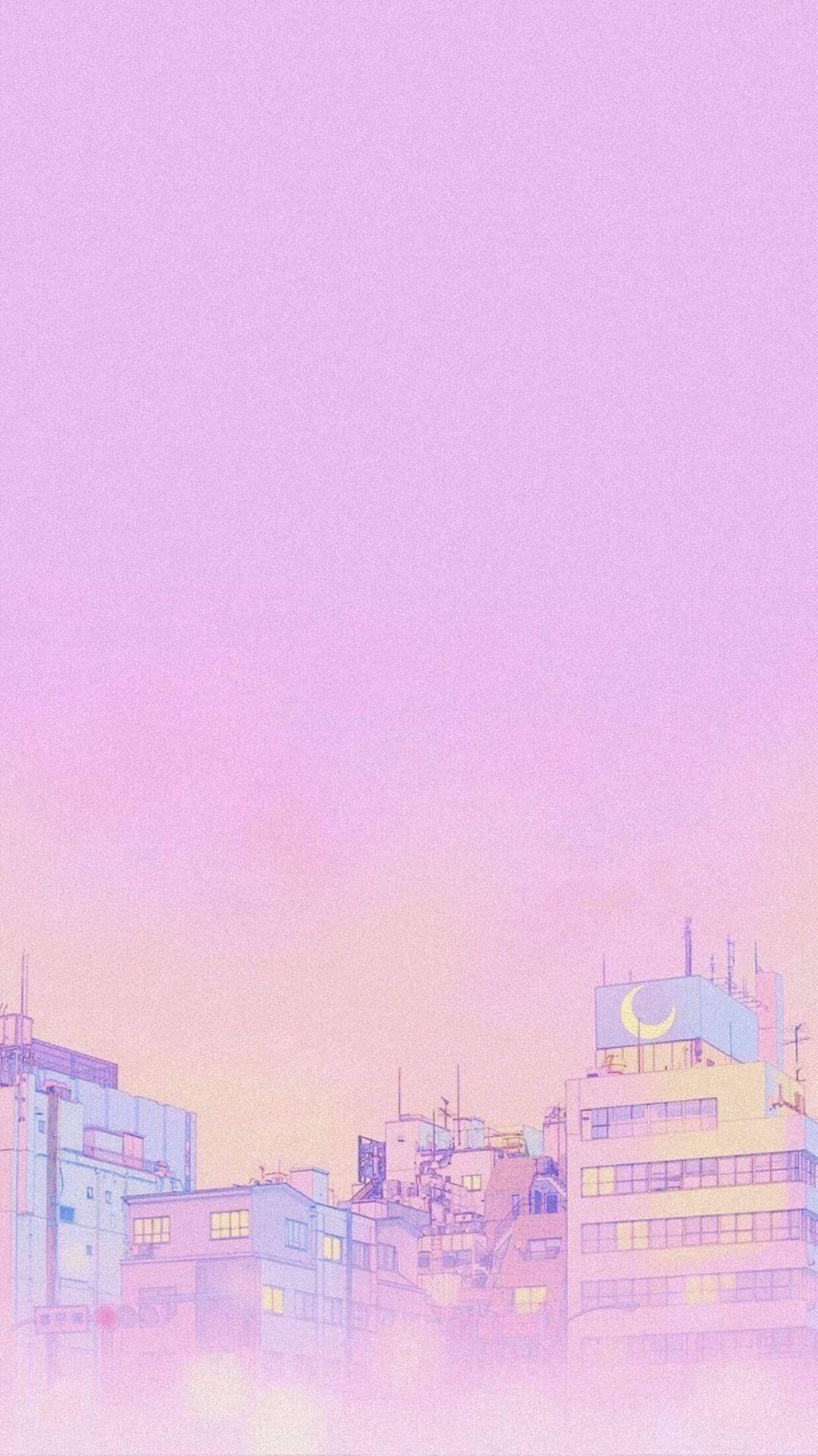 夜晚的動漫城市天際線，粉紅色和紫色的天空，窗戶發光。