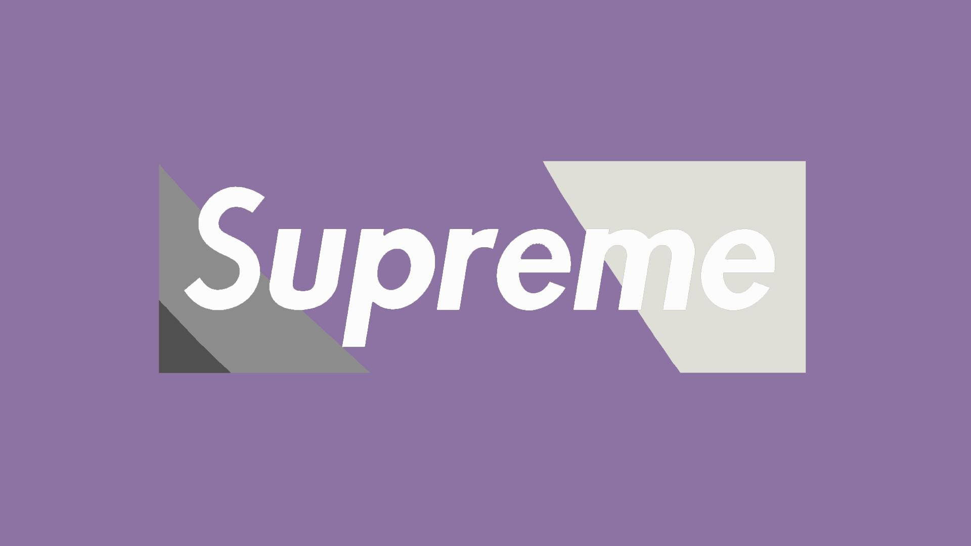 Supreme 品牌標誌，白色文字在紫色背景上，由幾何形狀框住。