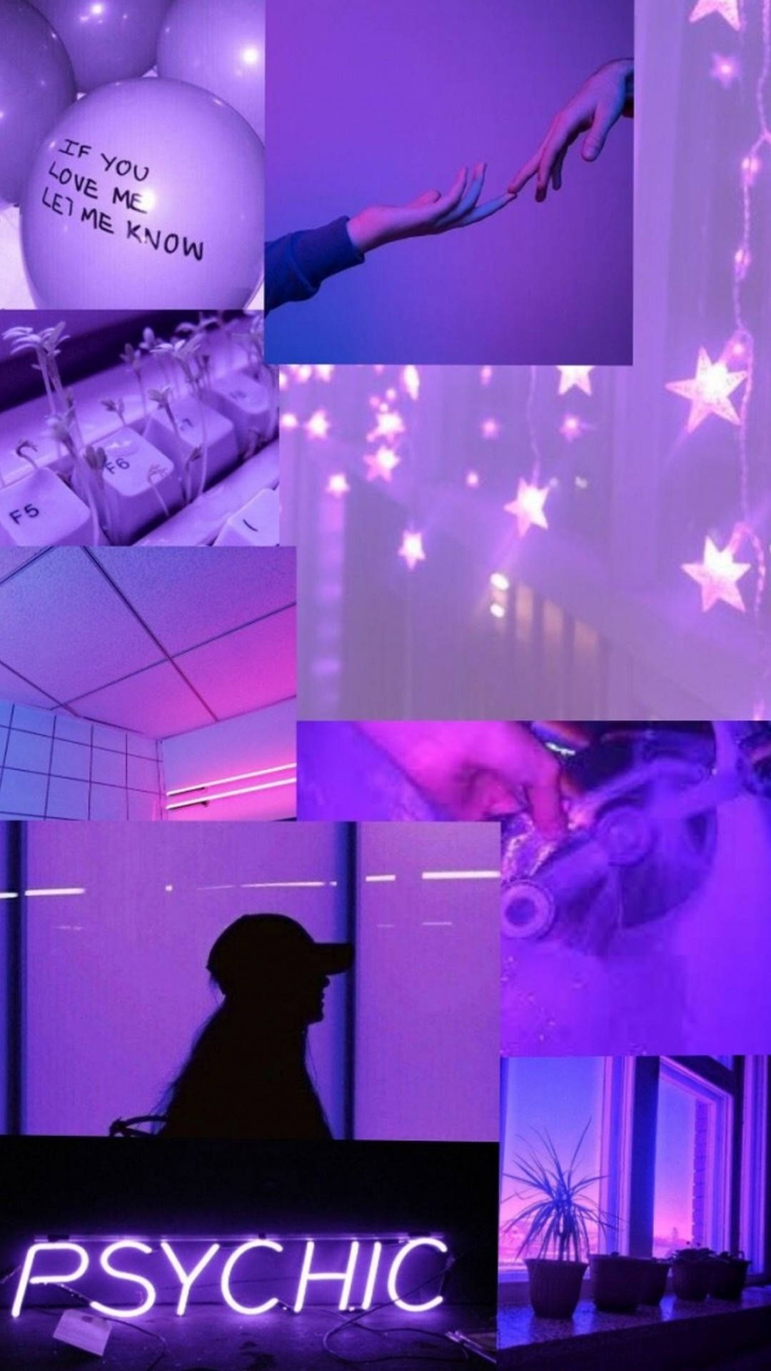 紫色霓虹拼貼，有心靈招牌、伸手的手、星光和愛情訊息氣球。