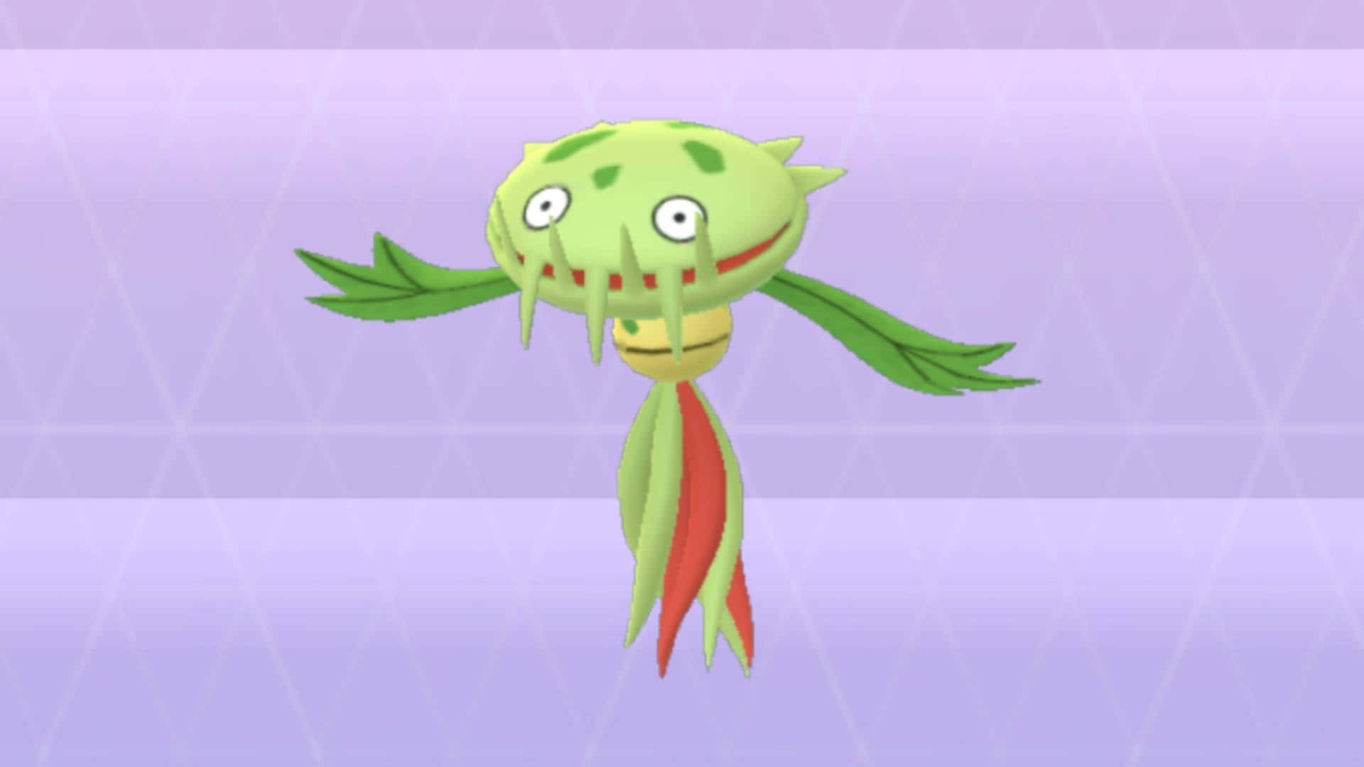 淺紫色背景下的 3D Carnivine 壁紙 — 一隻綠色卡通風格嘅小精靈，有樹葉手臂同紅色尾巴，漂浮喺紫色幾何背景上。